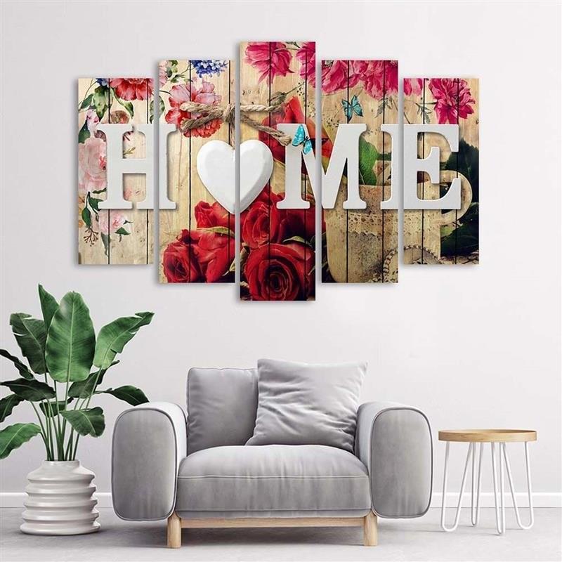 5-delige canvasprint Inscription Home met rozenbloemen