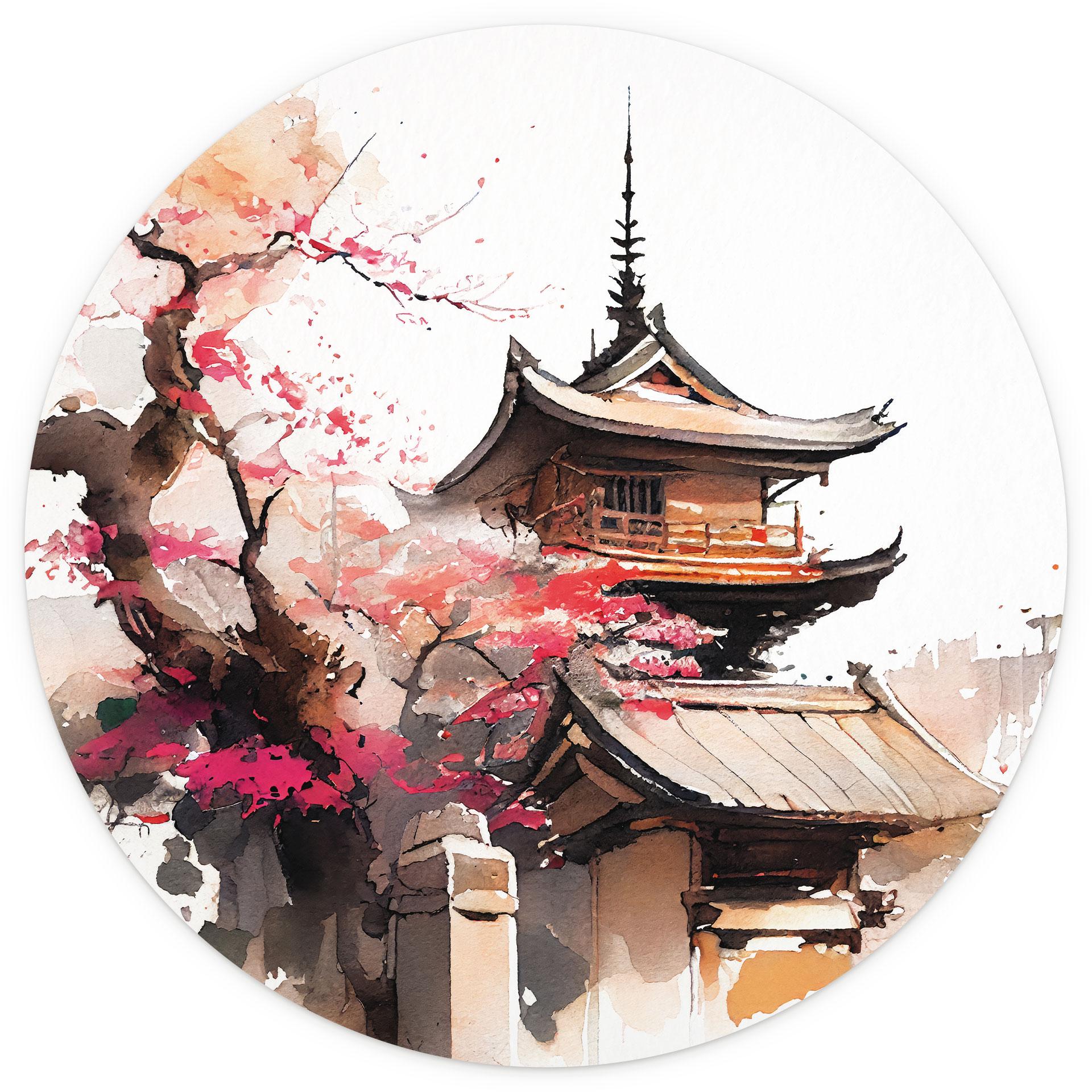 Behangcirkel Japanse pagode met kersenbloesems - Jaszke - vliesbehang/zelfklevend vliesbehang