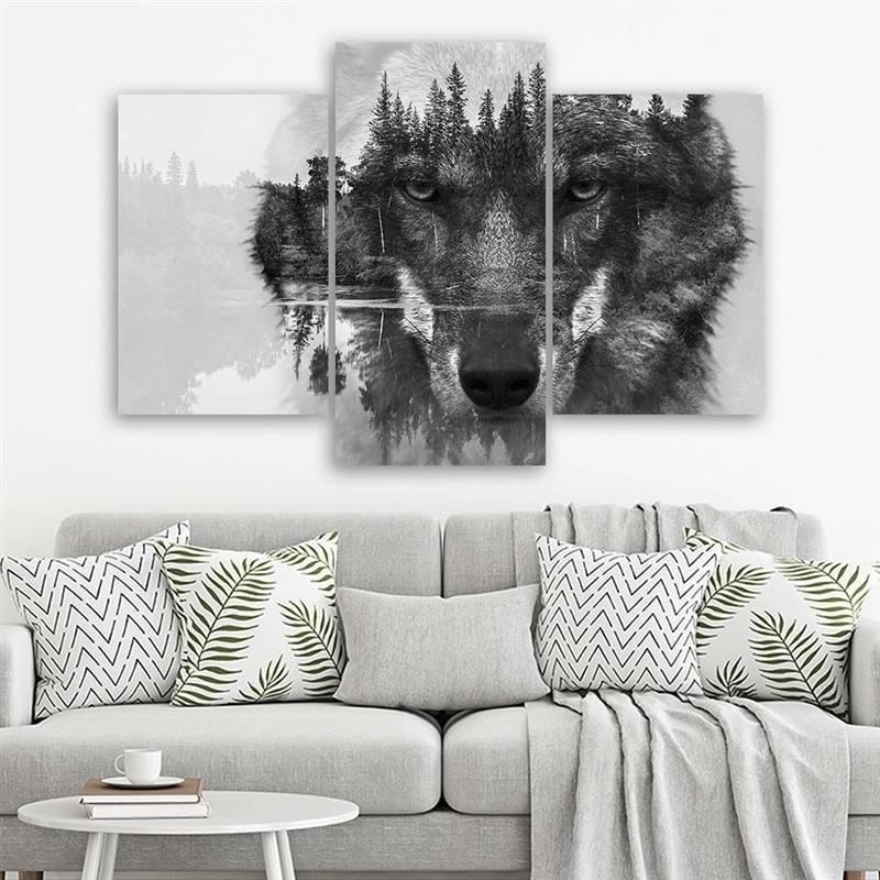 3-delige canvasprint, Wolf Forest zwart-wit