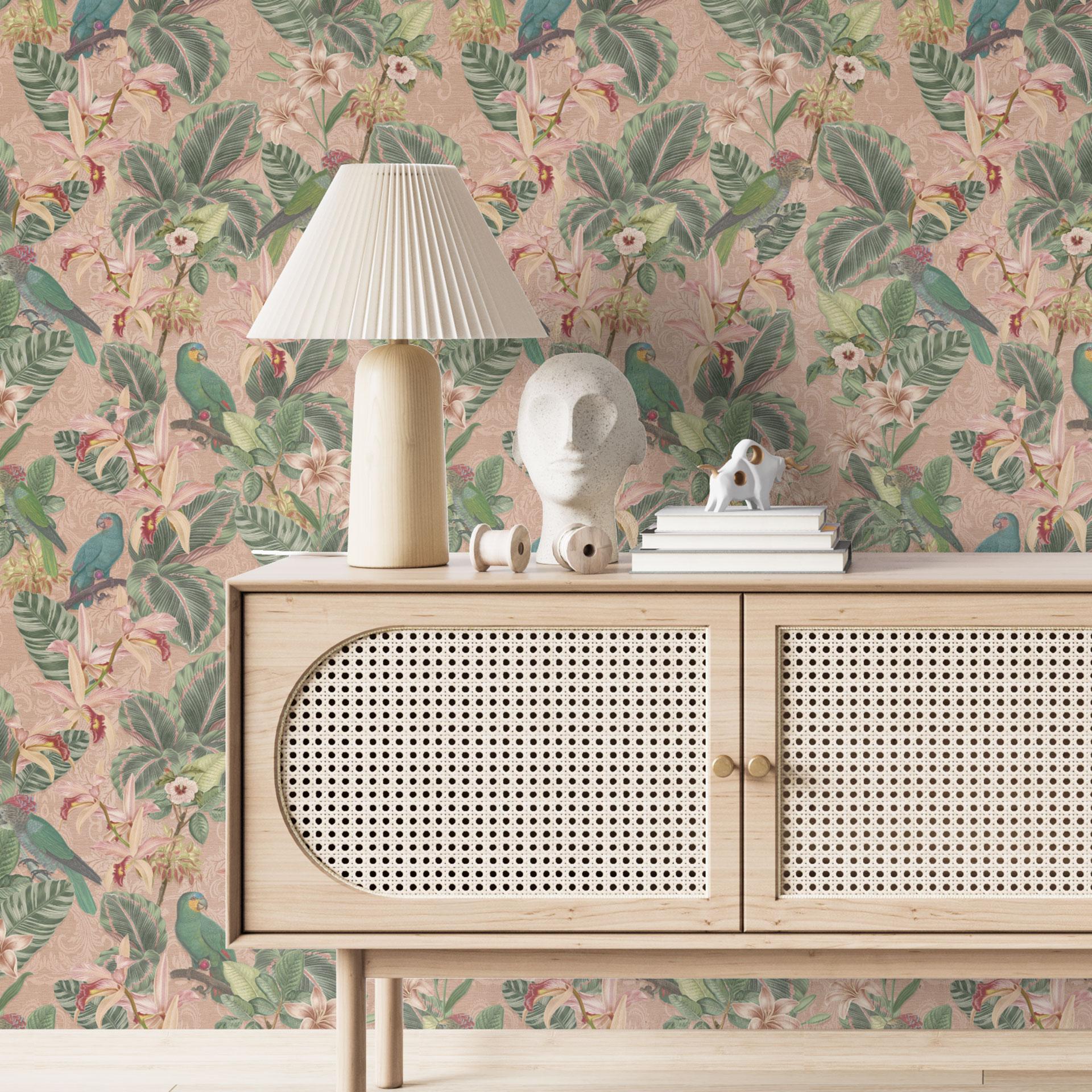 Patroonbehang jungle behang - jungle met papegaaien roze - Bloomery Decor