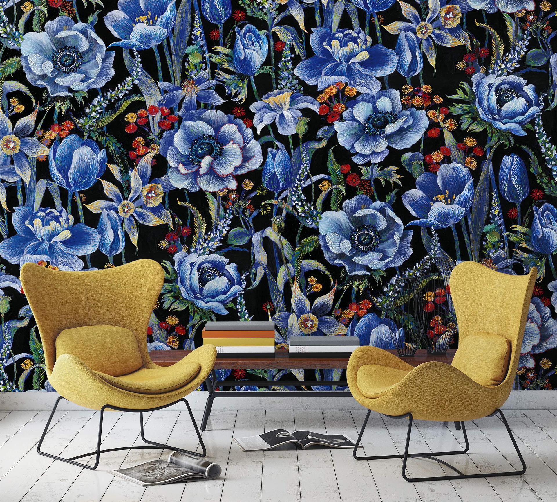 Zwart gebloemde behangFotobehang met planten 3.40 x 3.18 m