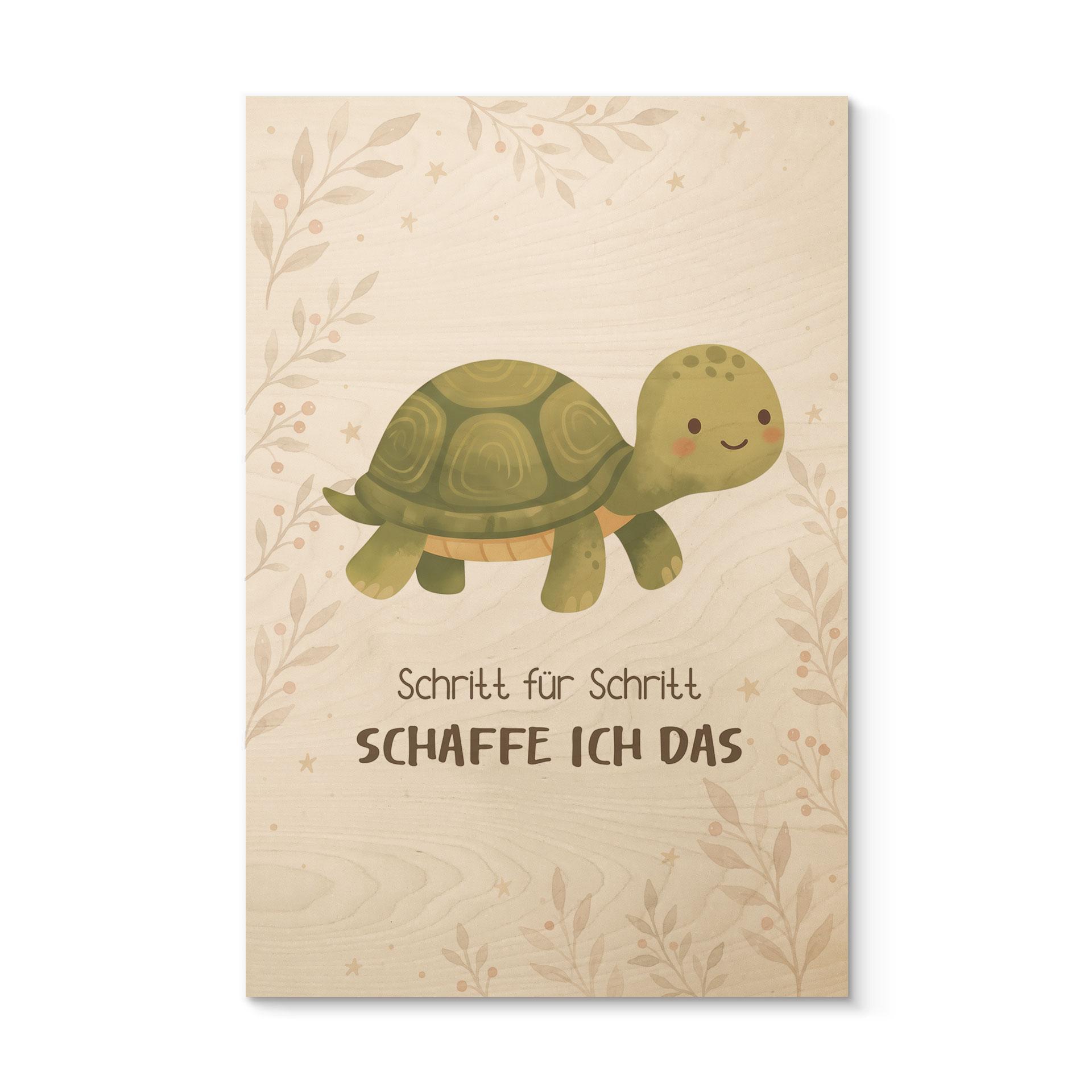 Holzbild mit gemütlicher Schildkröte - Glaubenssatz 'Schritt für Schritt schaffe ich das'