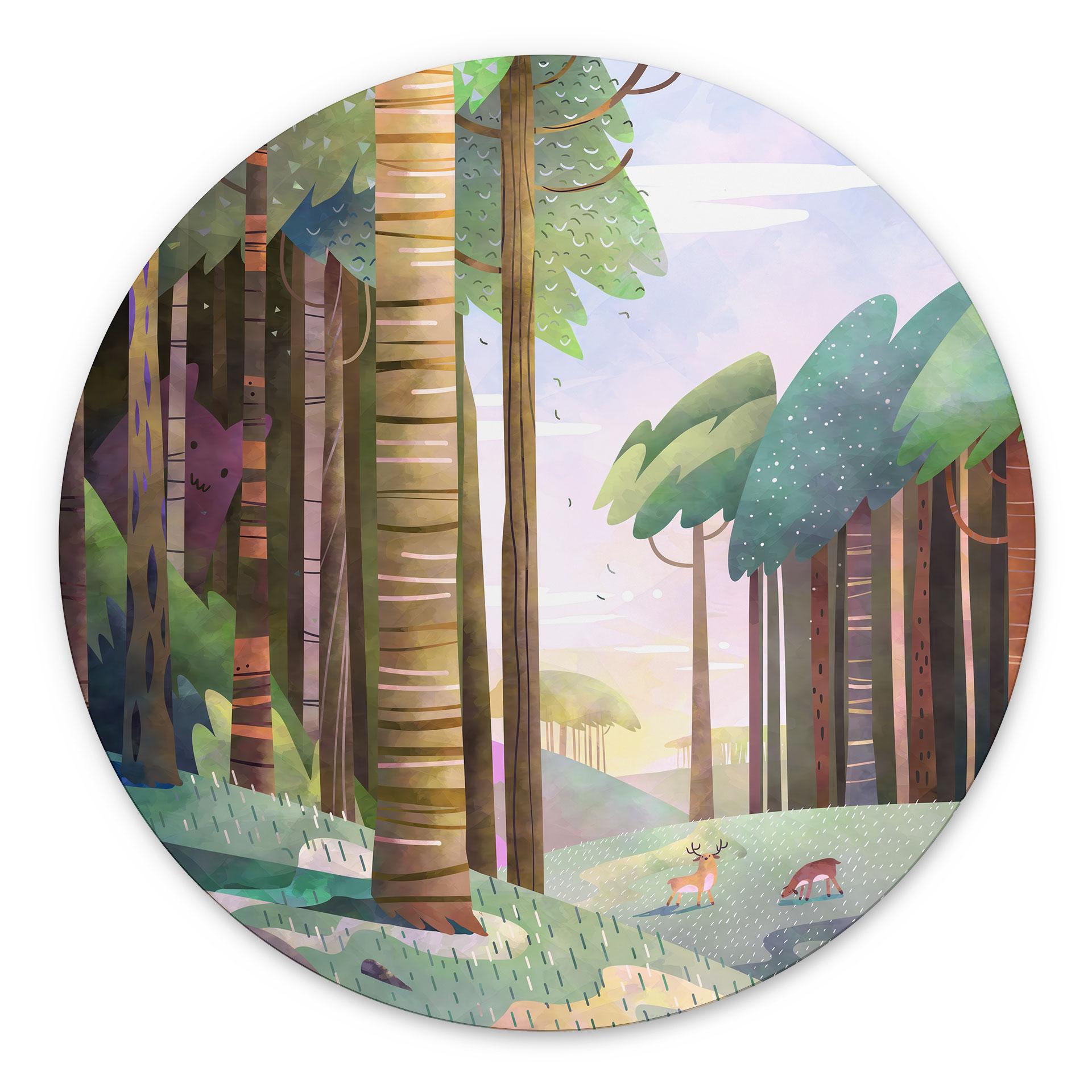 Billede Solrig skov med hjorte - DigitalArtsi - Rund - Aluminium dibond