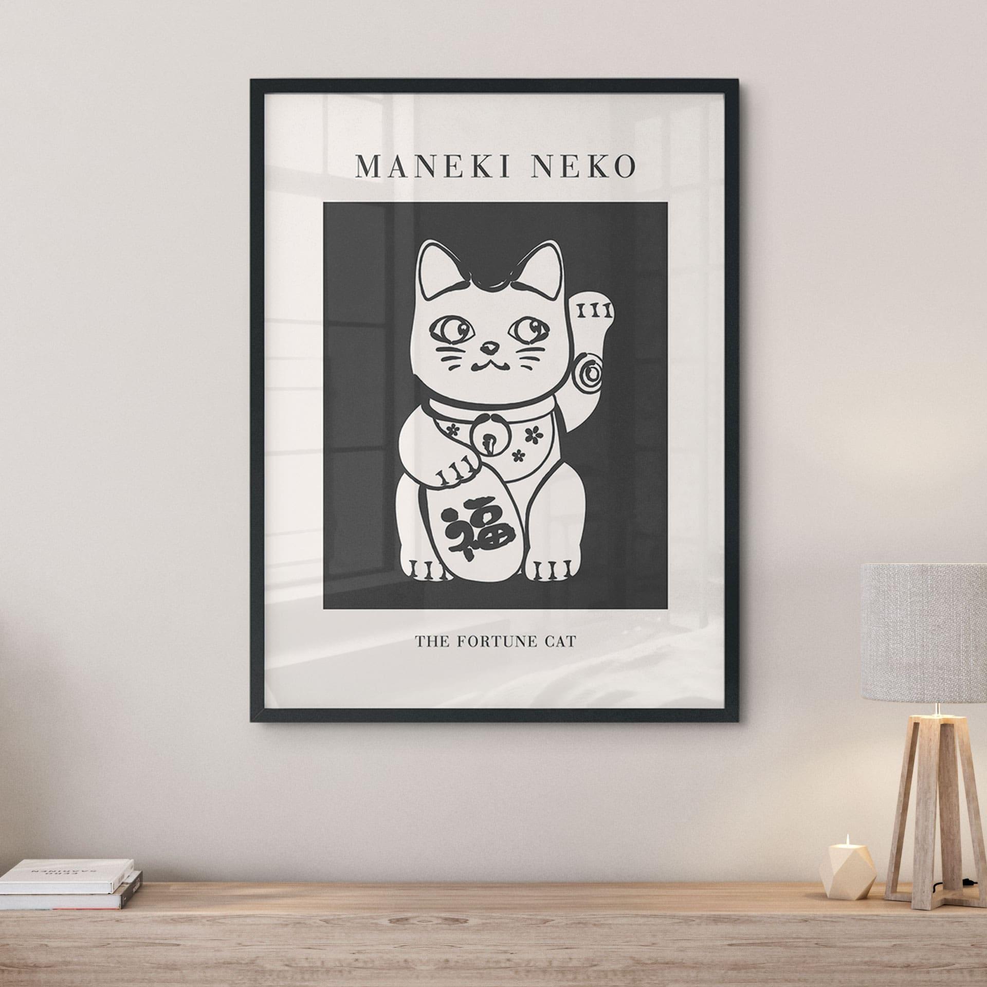 Póster en blanco y negro Maneki Neko - El gato de la suerte - KsanaKalpa