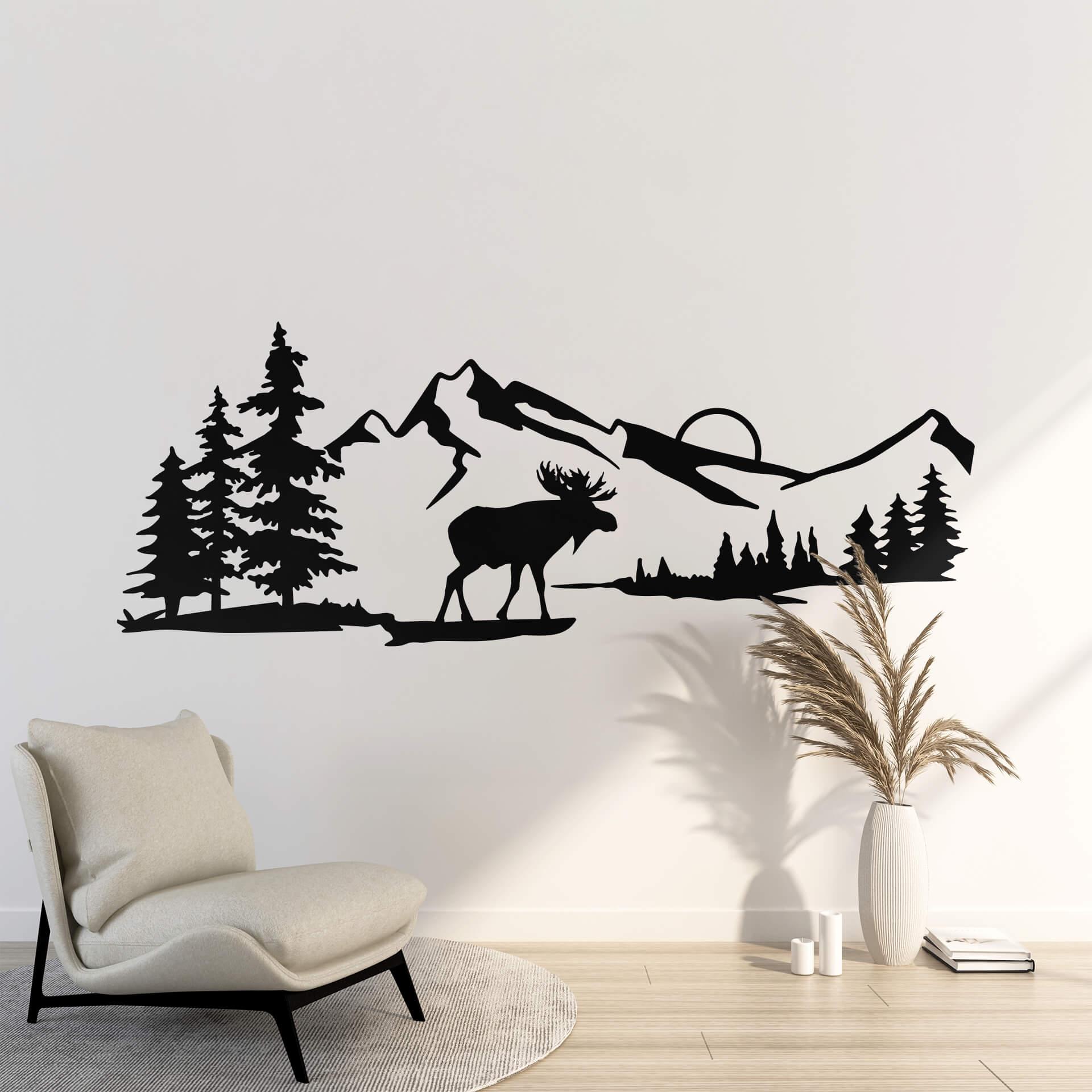 Wallsticker Elg ved solnedgang i et bjerglandskab