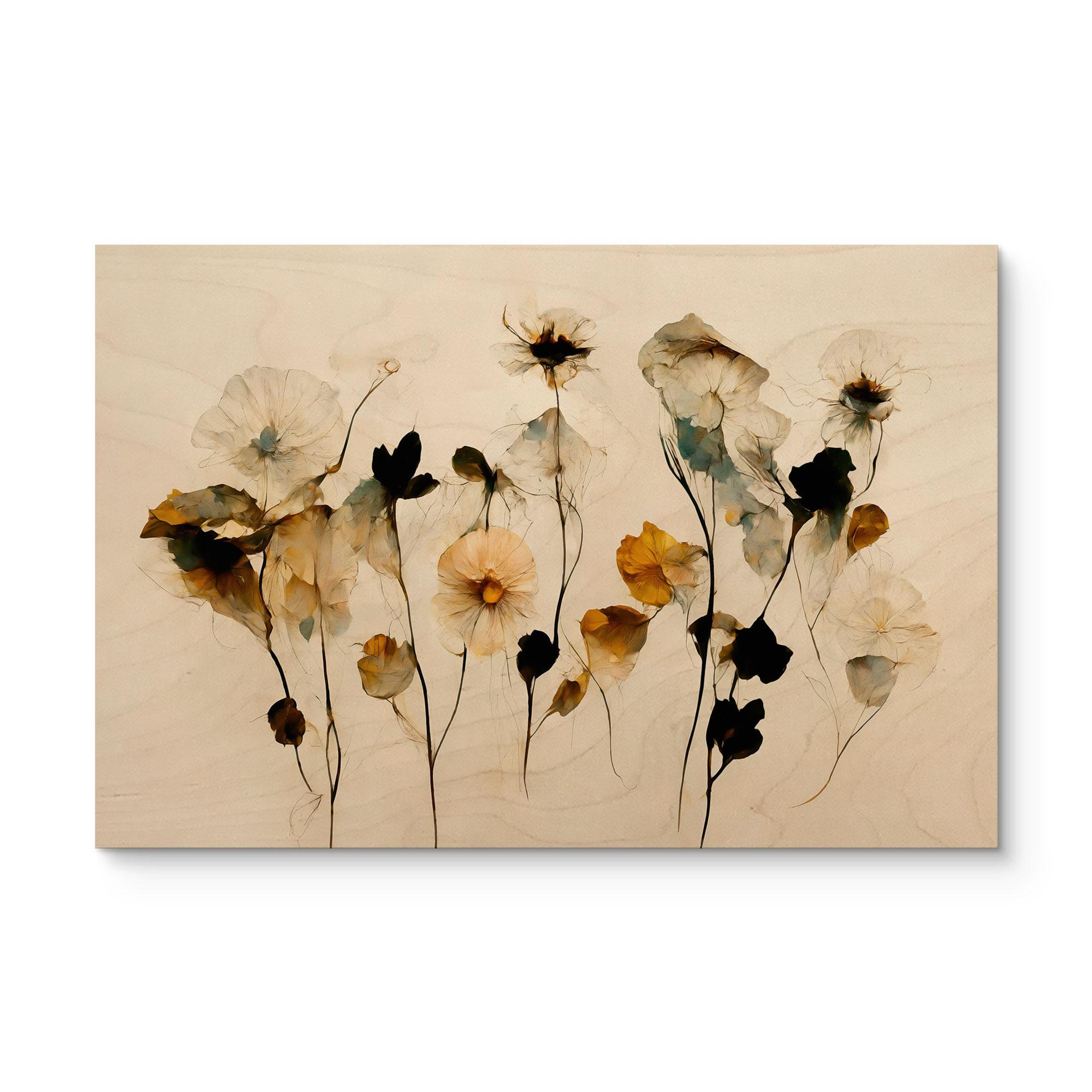 Holzbild Filigrane Trockenblumen in Naturtönen - Treechild