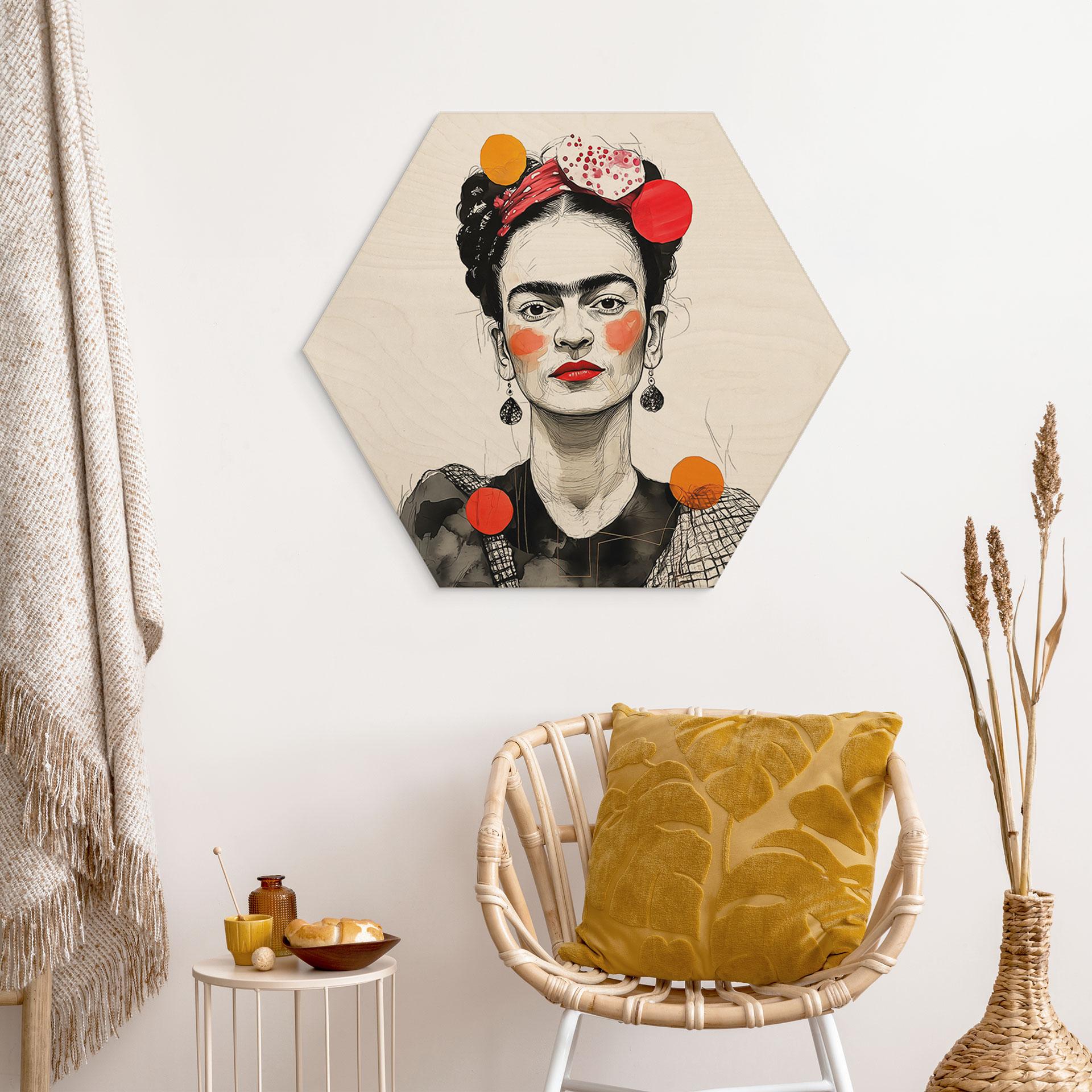 Sekskantet Billede af træ Frida Kahlo pop art-portræt - Jaszke