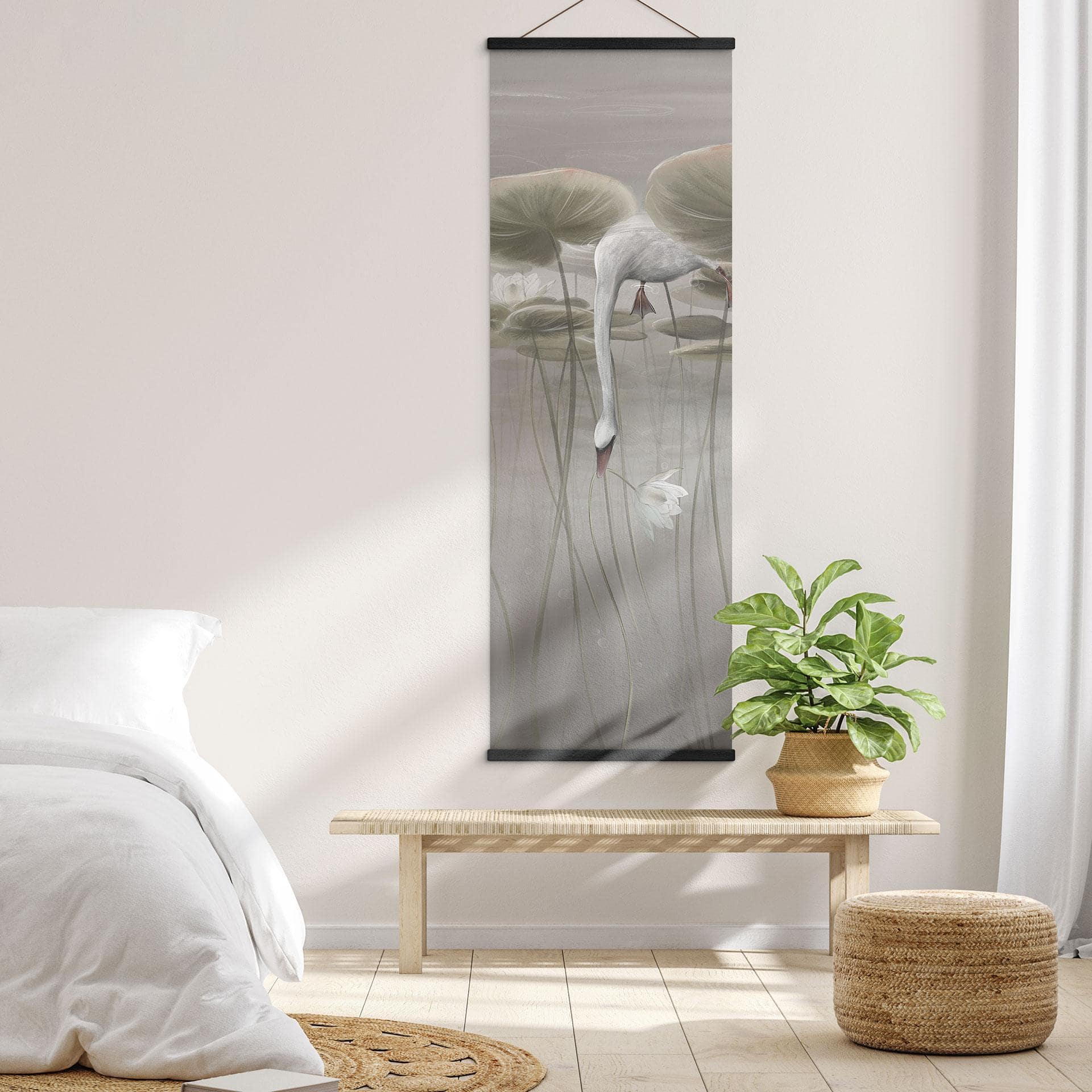 Stoffbild Lotusblumen mit Schwan im Wasser in Grau - Ms Tiff - Panorama