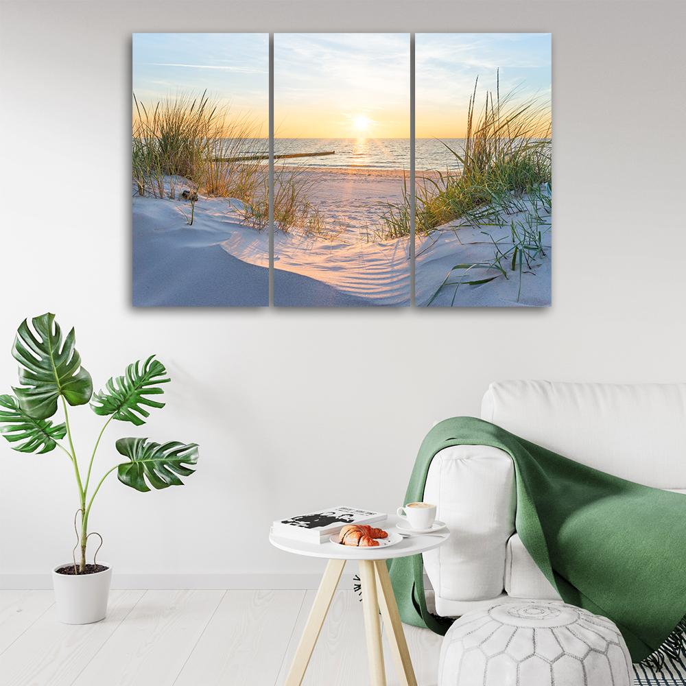 3 stykke lærredsprint, Beach Sea Dunes Sunset