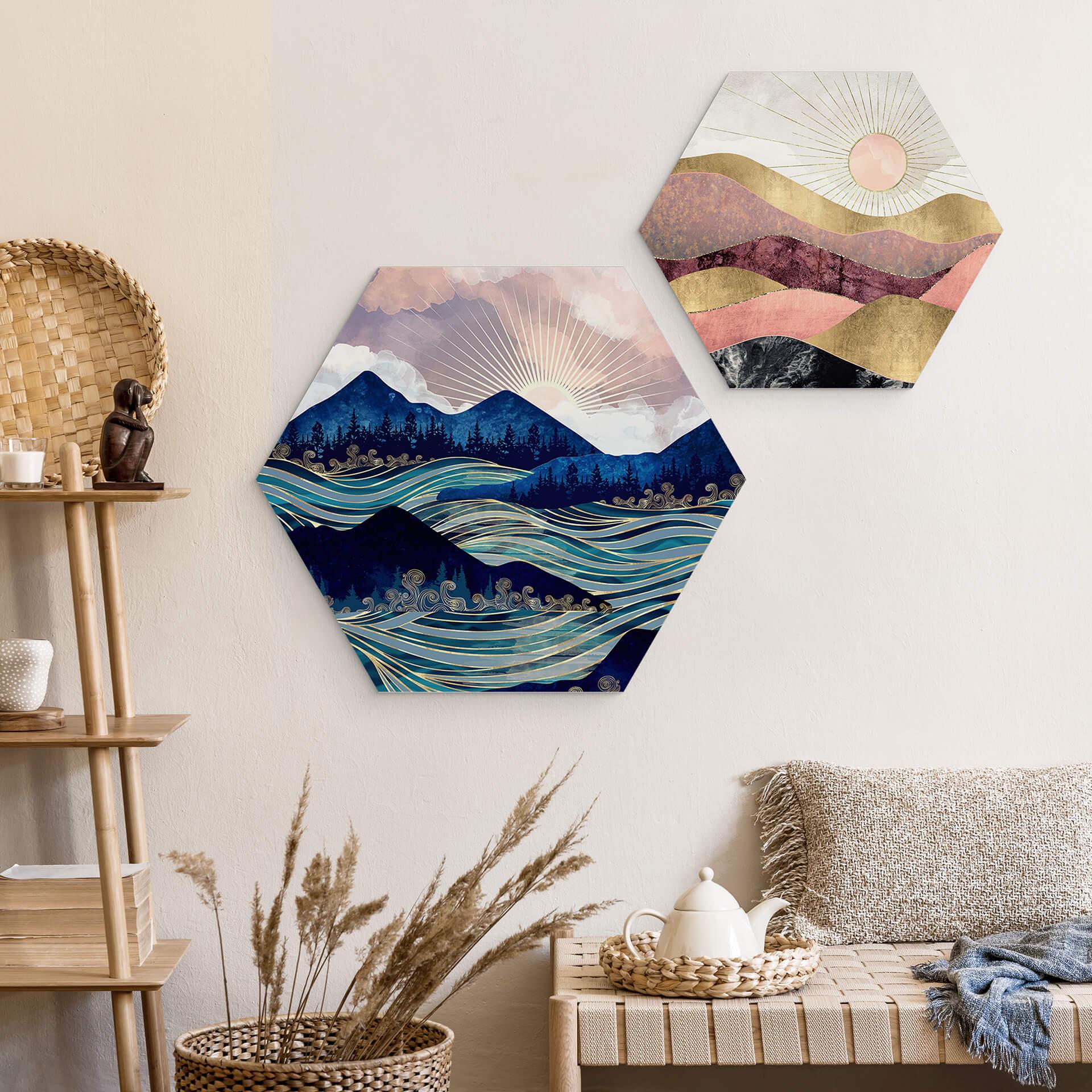 Hexagon Wandbild SpaceFrog Designs - Rosa Sonne - Alu-Dibond
