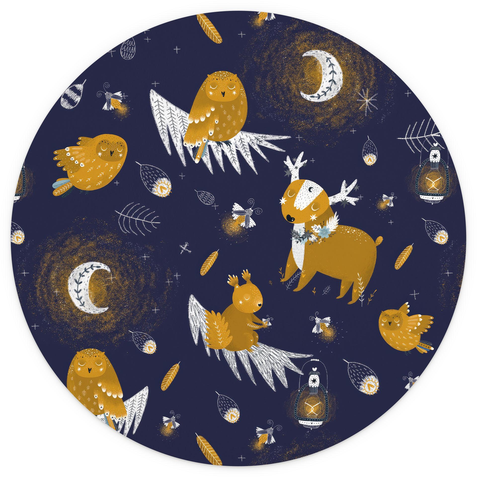 Fotomurale nursery - Animali della foresta di notte - UN Designs - Rotondo - carta da parati in tess