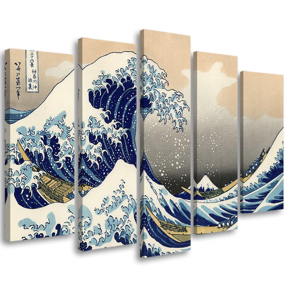 5 stykke lærredstryk, Hokusai Great Wave off Kanagawa