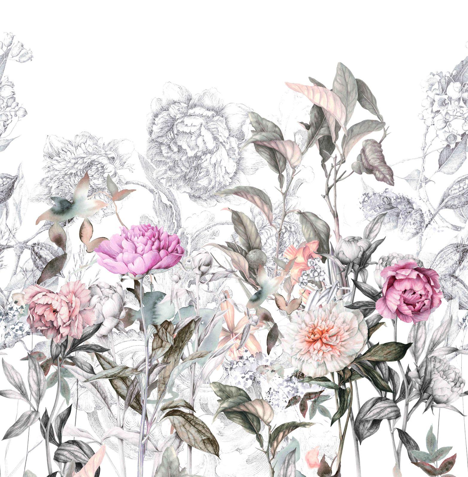 Fototapet med motiv af vintage blomstertegning i grå rosé 2,7 x 2,65 m