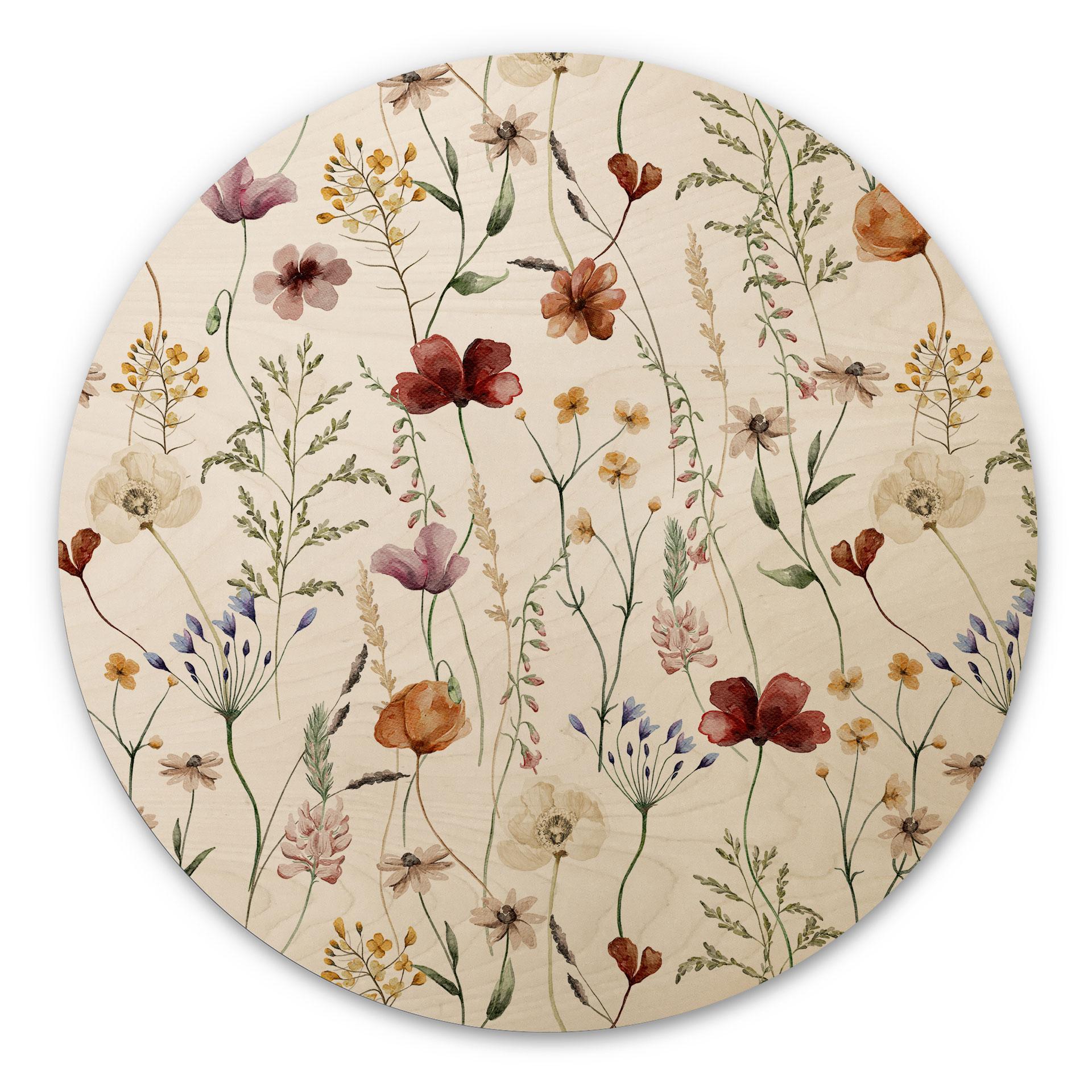 Væg cirkel træ Farverige vilde blomster - UN Designs