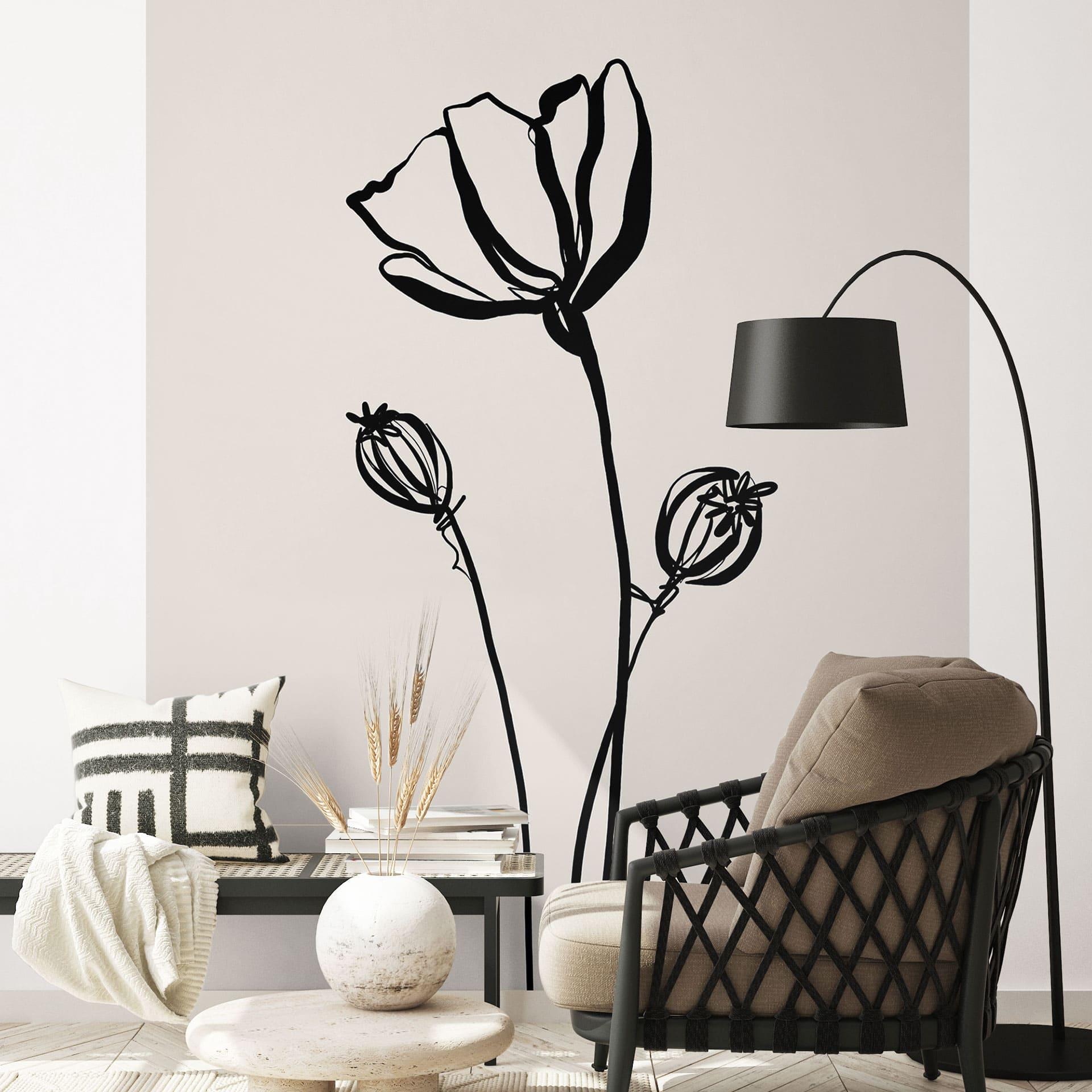 Blomsterfototapet Line Art Poppy - Cats & Dotz