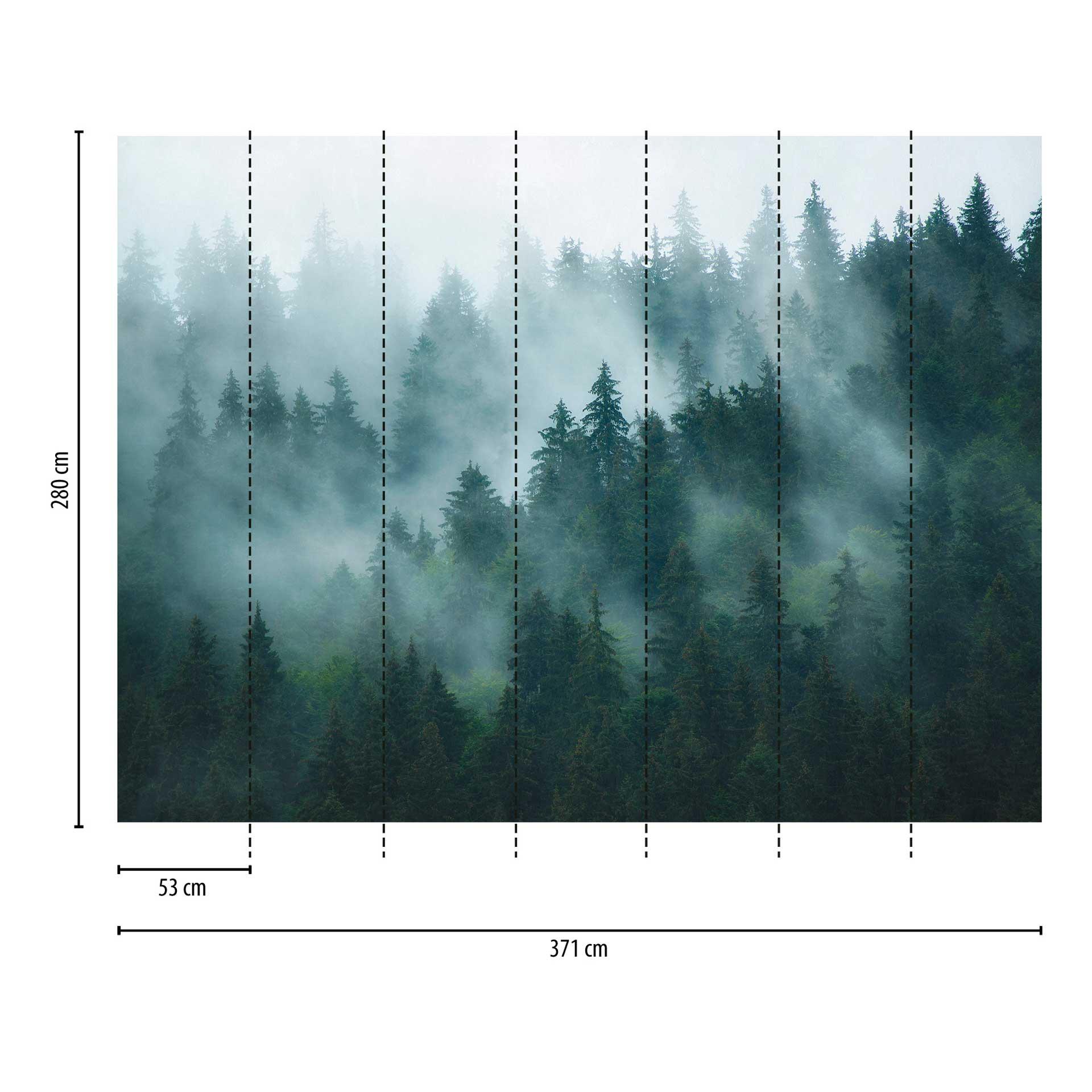3D fotobehang bos groen - vliesbehang met mist motief voor woonkamer & slaapkamer