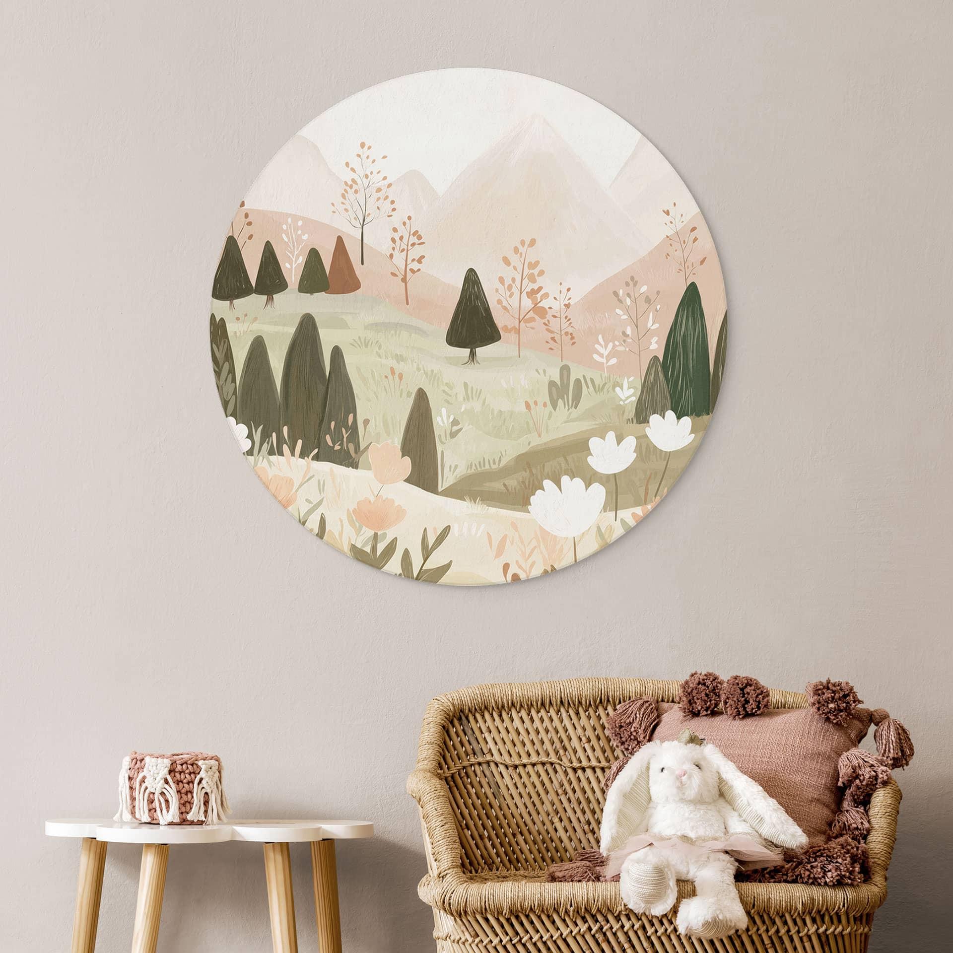 Billede af pastelfarvet bjerglandskab med blomster - Treechild - rund – print på aluminium
