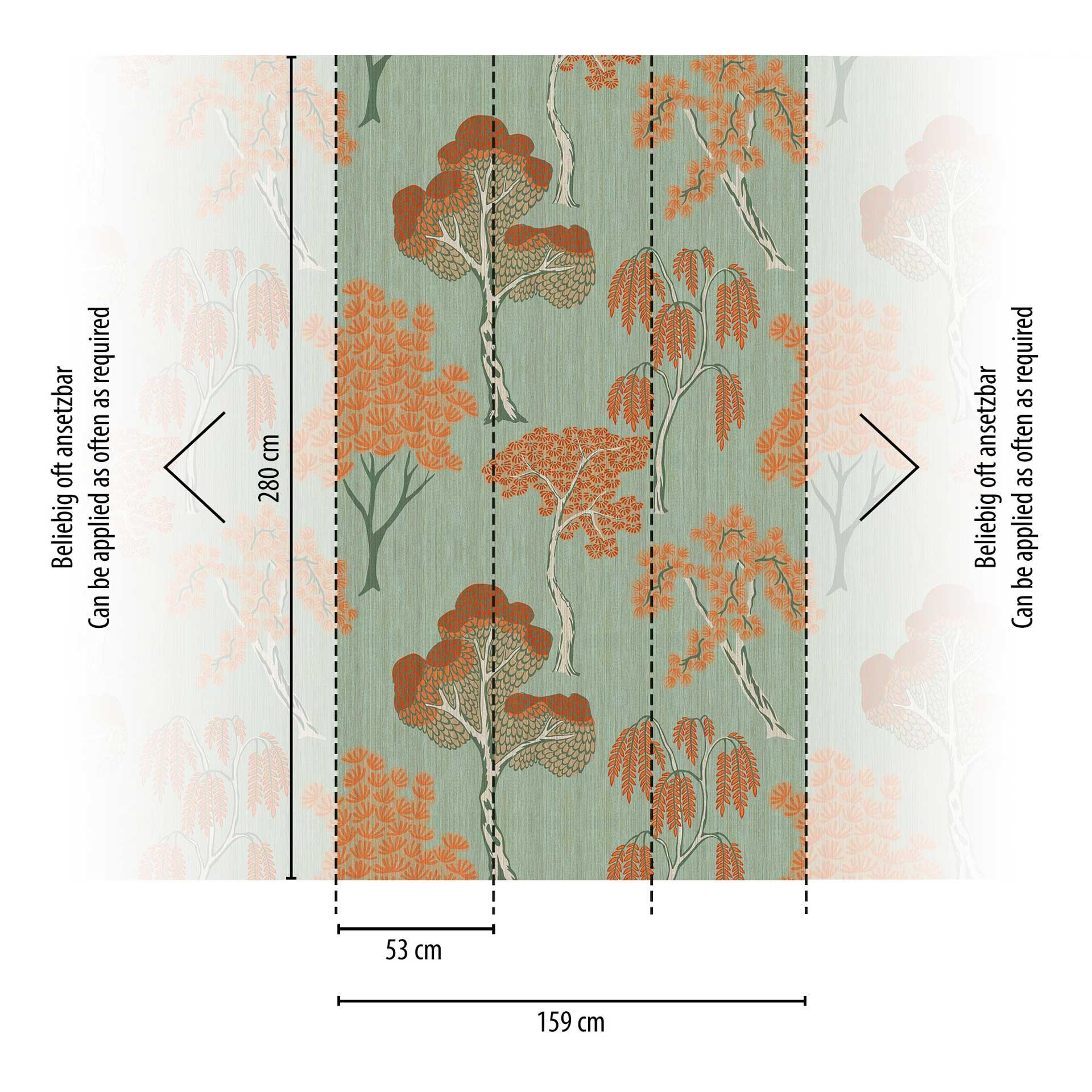 Boom behang groen oranje - vliesbehang met retro motief voor woonkamer & slaapkamer