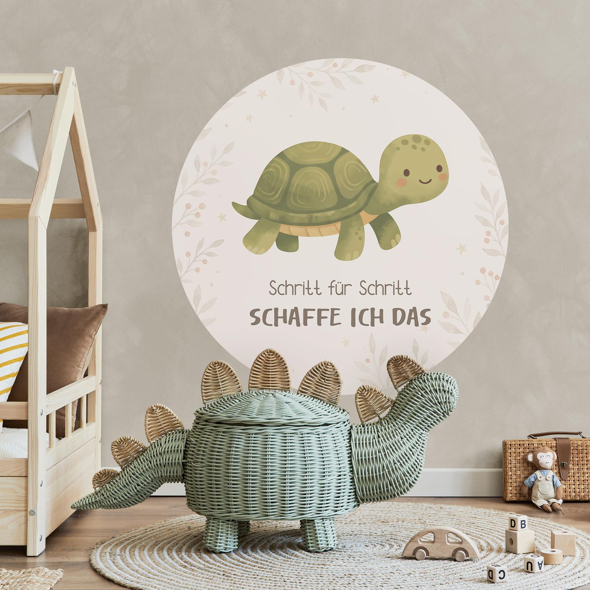 Rundes Wandtattoo mit Schildkröte - Mutmachspruch 'Schritt für Schritt schaffe ich das' fürs Kinderzimmer
