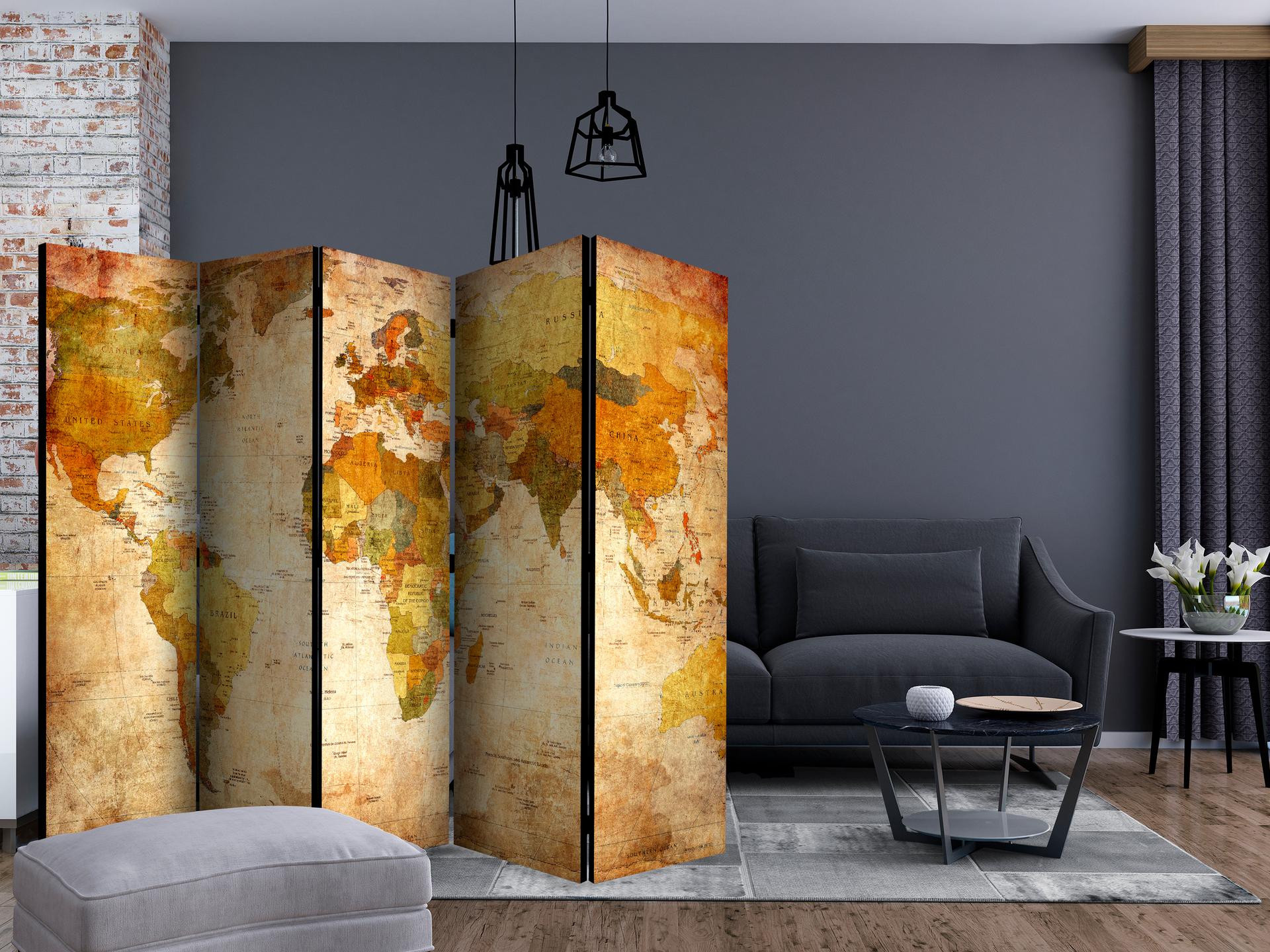 Schermo divisorio - Mappamondo - il mondo in tutto il suo splendore , 5 pezzi - 225x172 cm