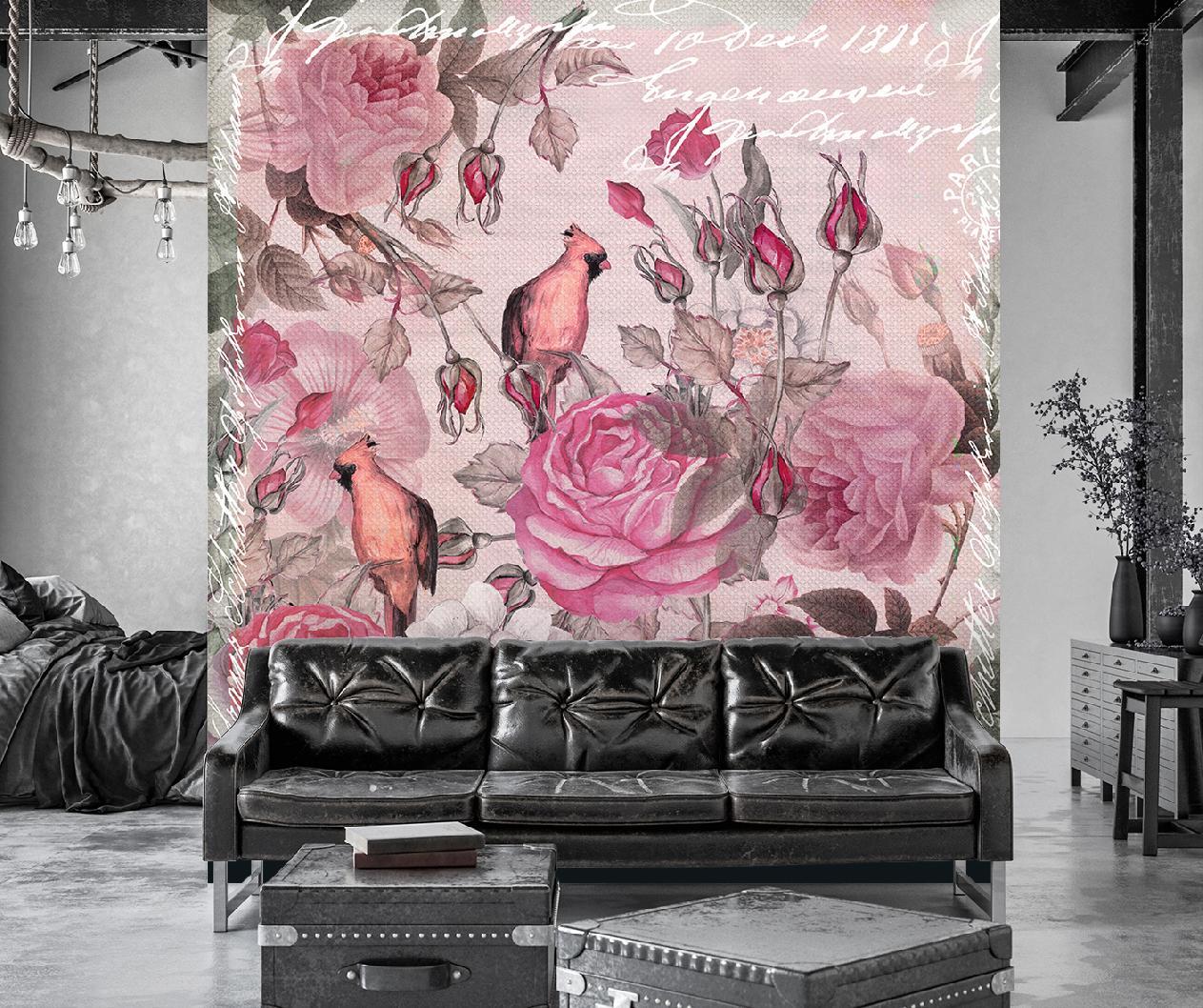 Fototapete, Tropen Blumen und Tiere in rosa - Andrea Haase
