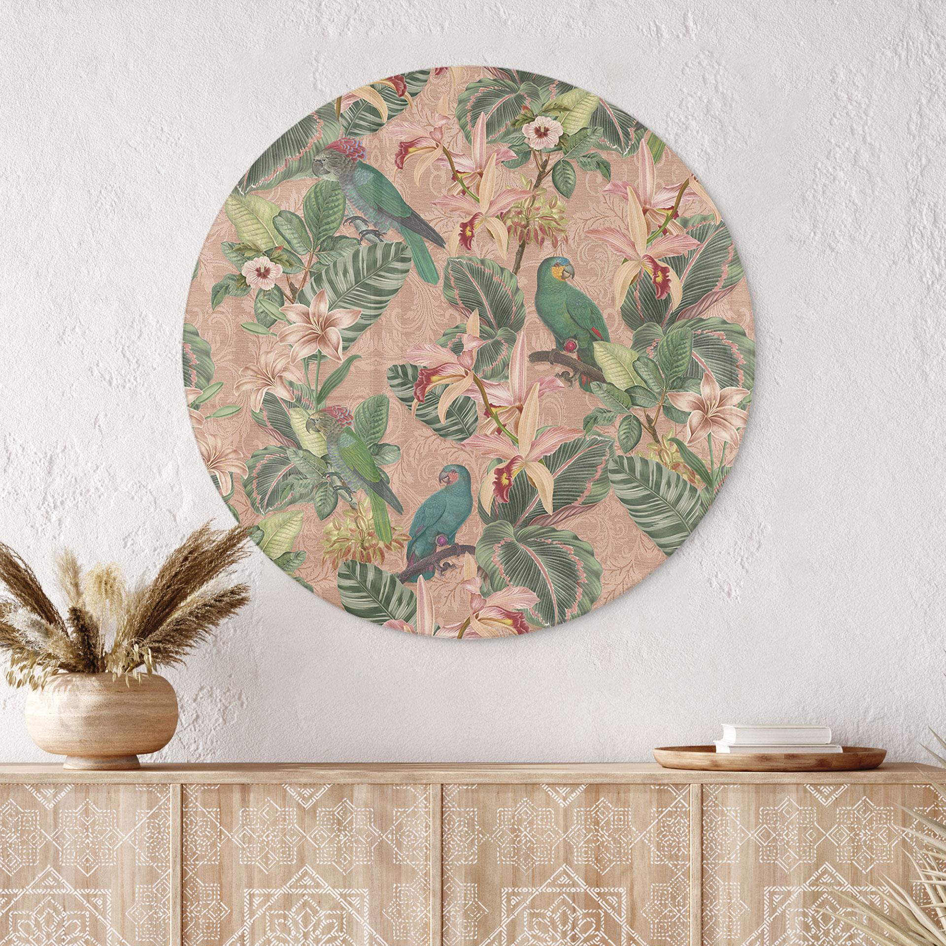 Glasbillede - Jungle med papegøjer Pink - Bloomery Decor - Rund