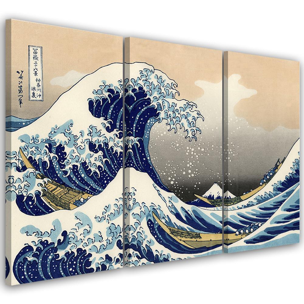 3 stykke lærredstryk, Hokusai Great Wave fra Kanagawa
