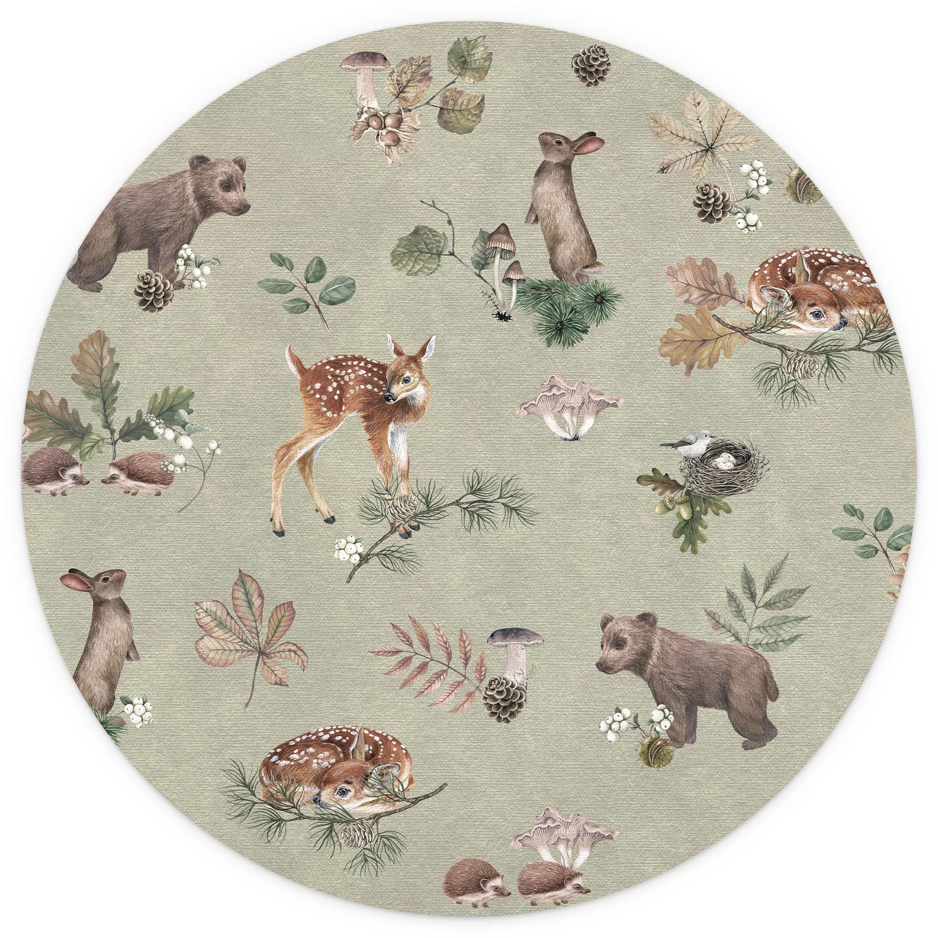 Fawn en bosvriendjes muurschildering - dieren voor kinderen - groen - Kikki Belle - Rond - vliesbeha