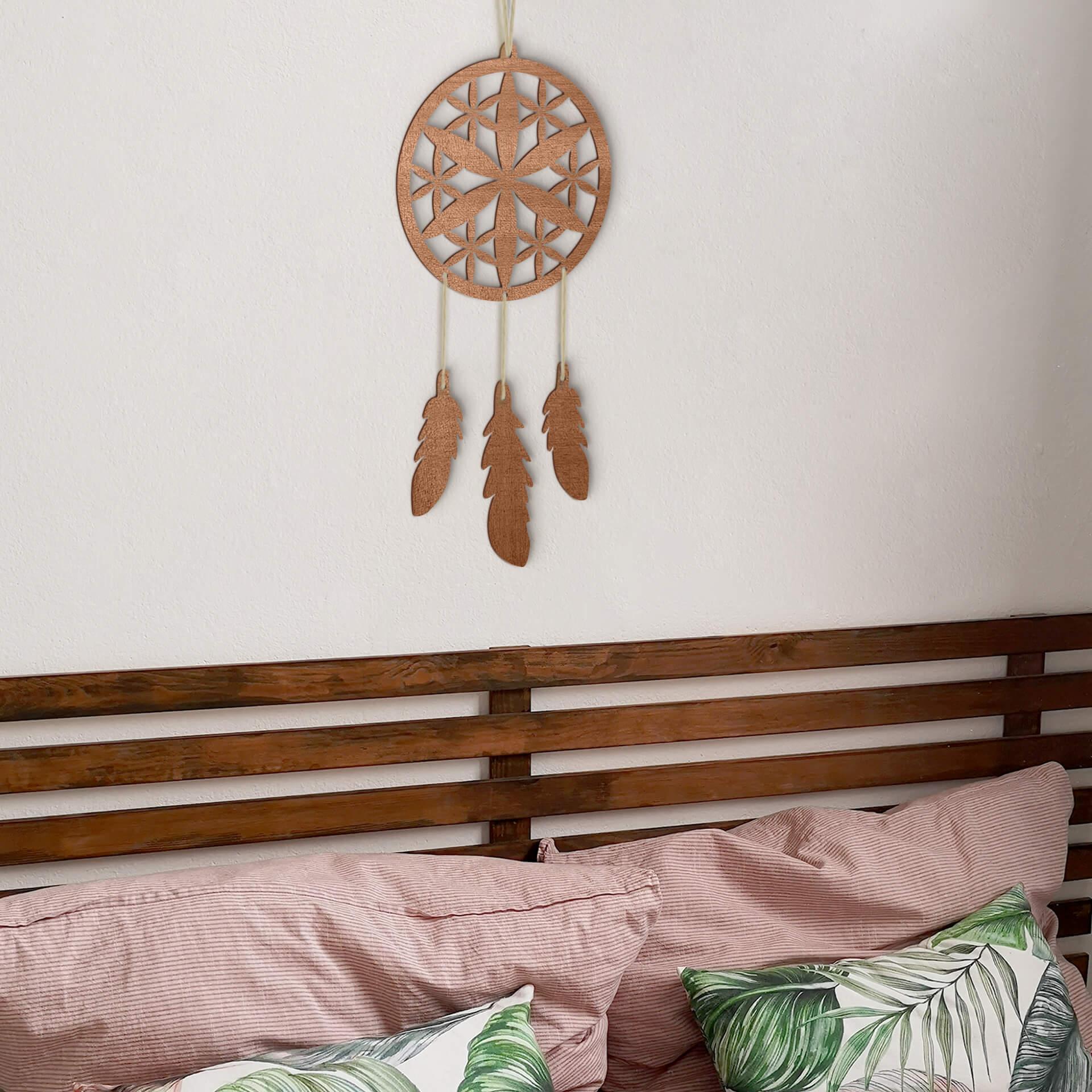 Décoration en bois placage acajou - Attrape-rêves avec une fleur (4 pièces)
