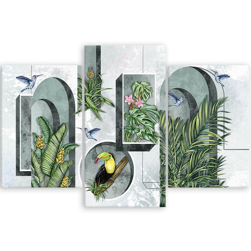 Lærred print 3 stykker, former i væggen med planter og fugle Toucan Koliber