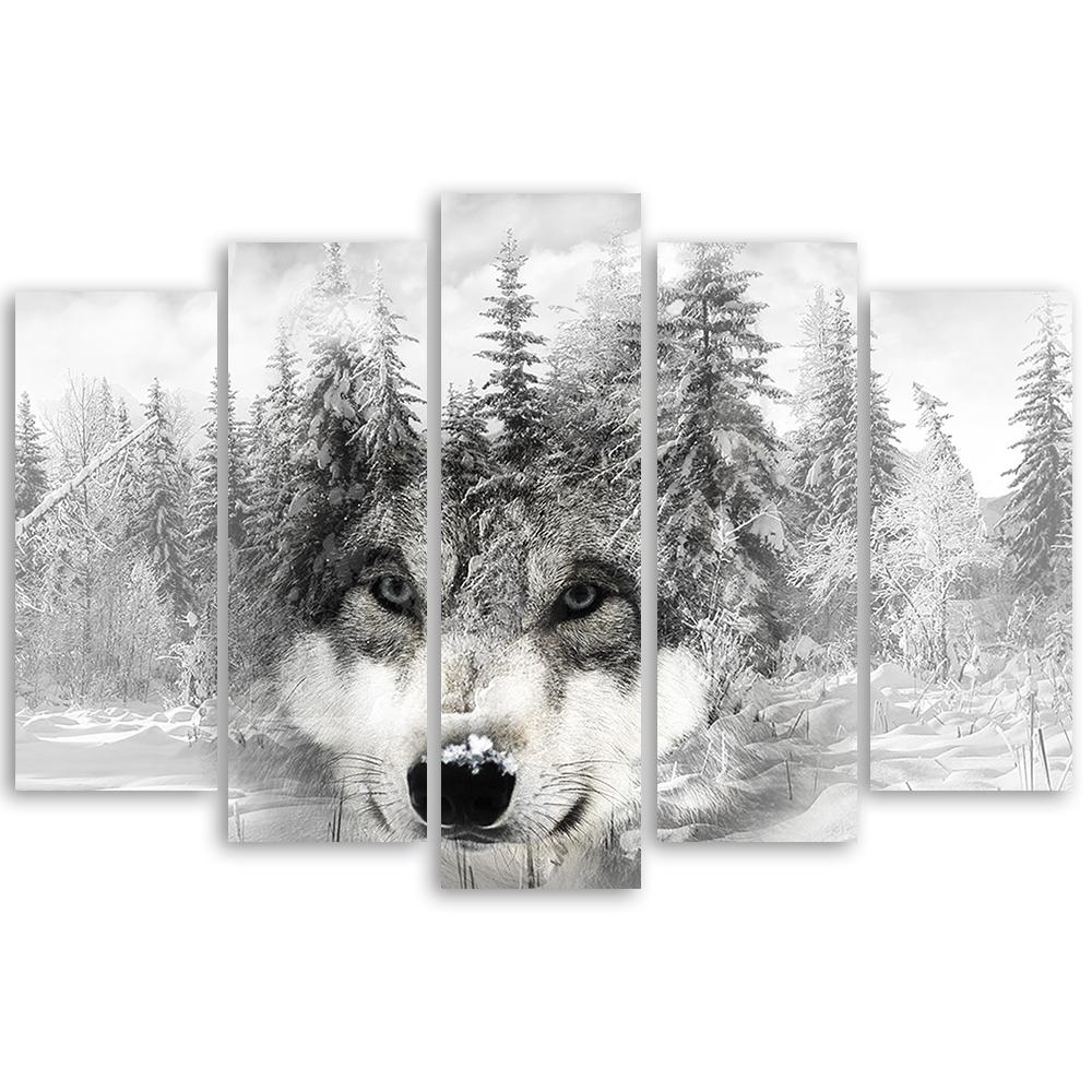 5 stykke lærredsprint, Wolf Forest Nature Grey