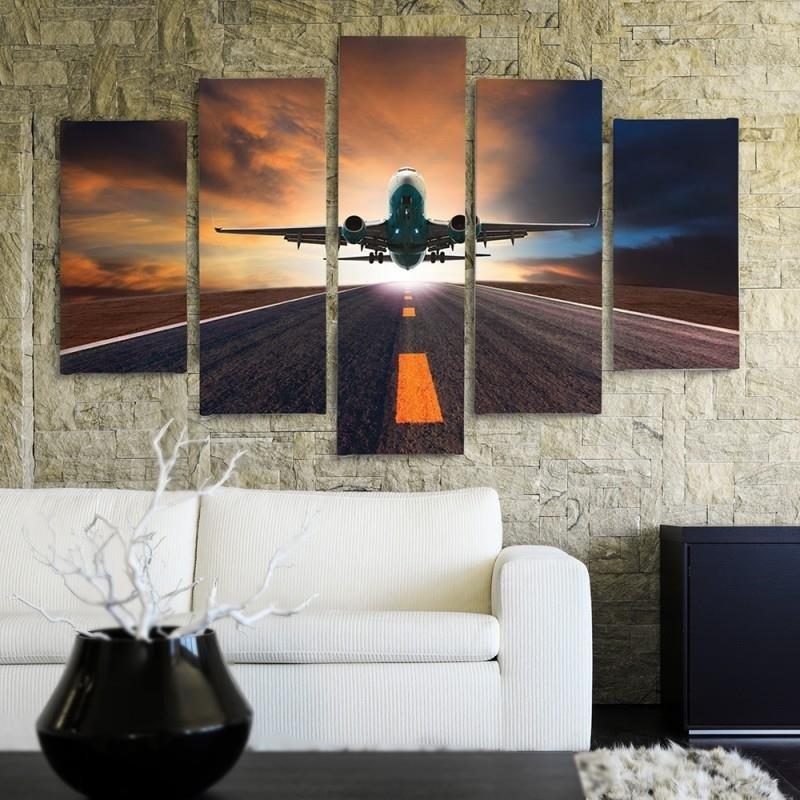 5 stykke lærredstryk Sunset Airplane