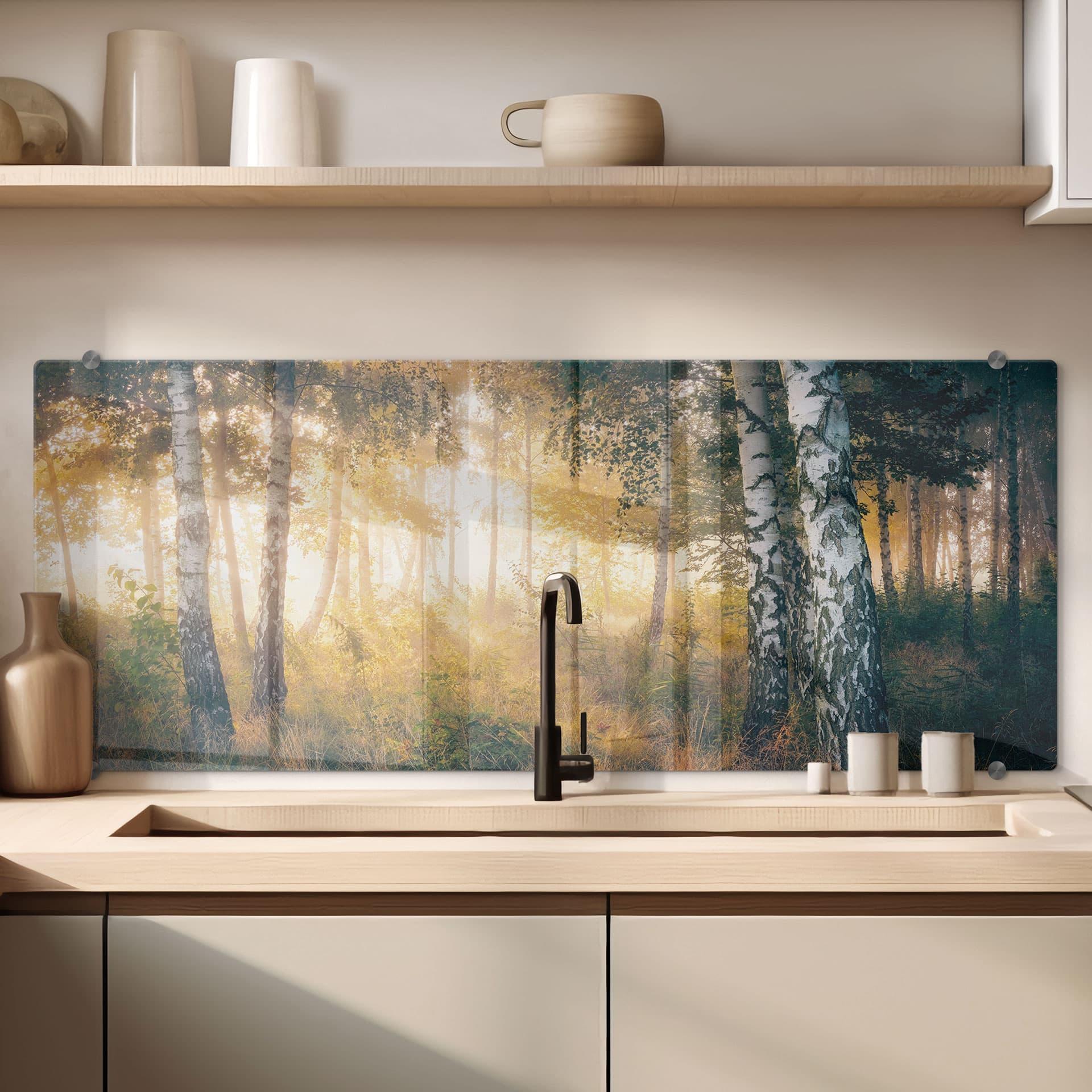 Spritzschutz Sonnenschein im Birkenwald - Kado - Panorama