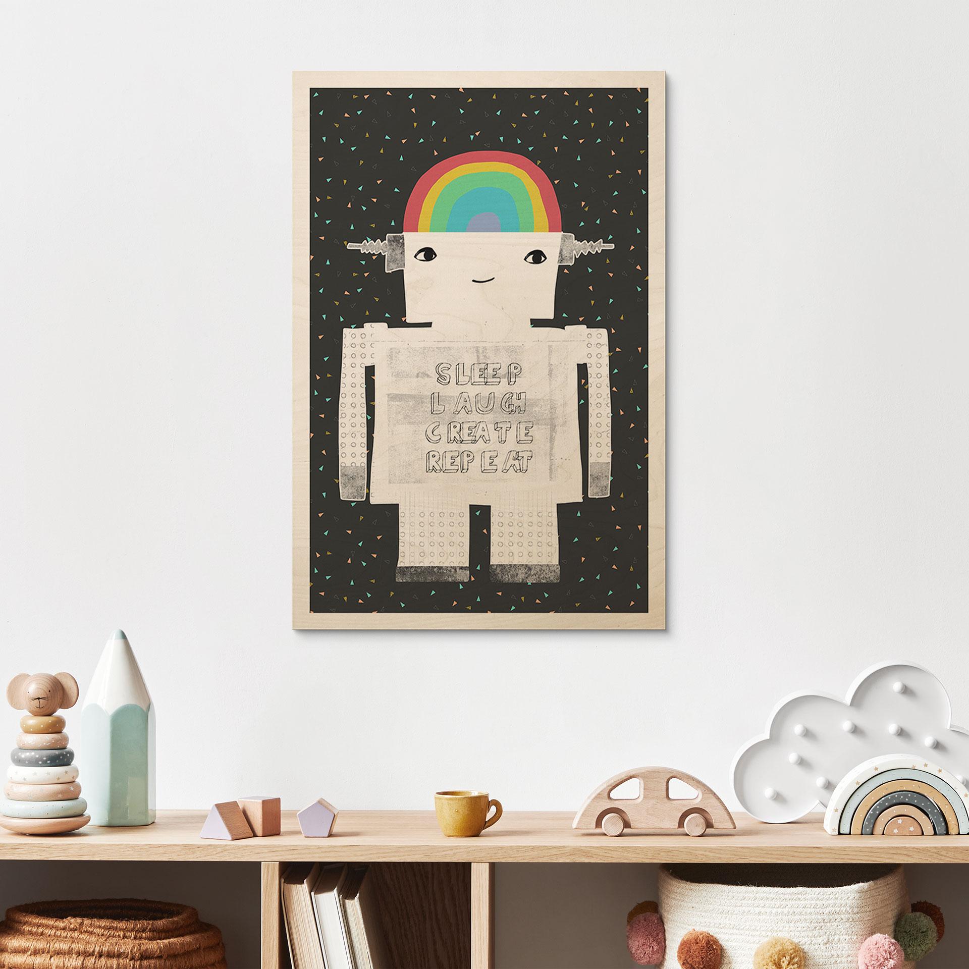 Obraz drewniany tęczowy robot Sleep Laugh Create - Treechild
