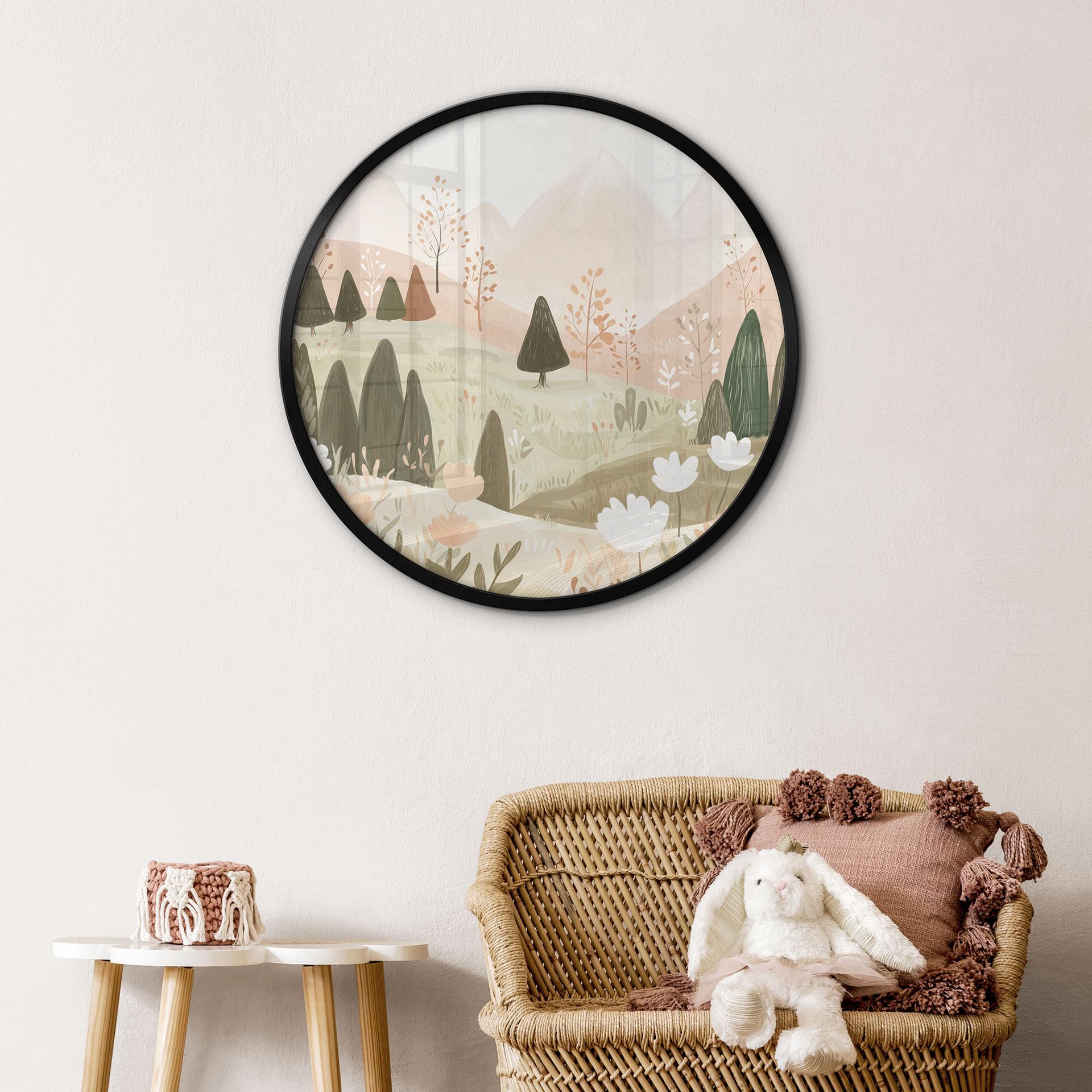 Plakat pastelowy krajobraz górski z kwiatami - Treechild - Okrągły