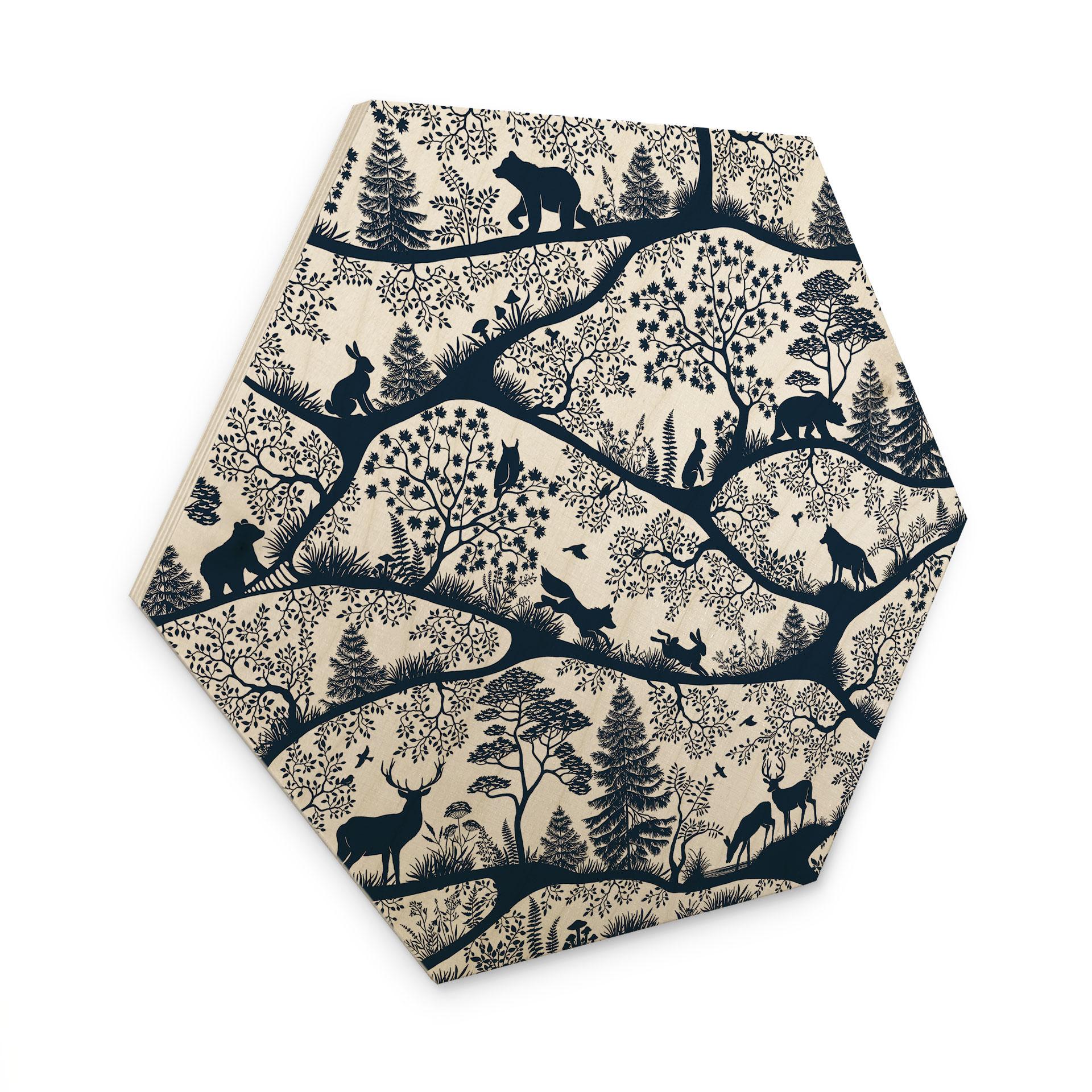 Hexagon Houten Wanddecoratie Dierensilhouetten in het Noordse Bos - Oliver Robins