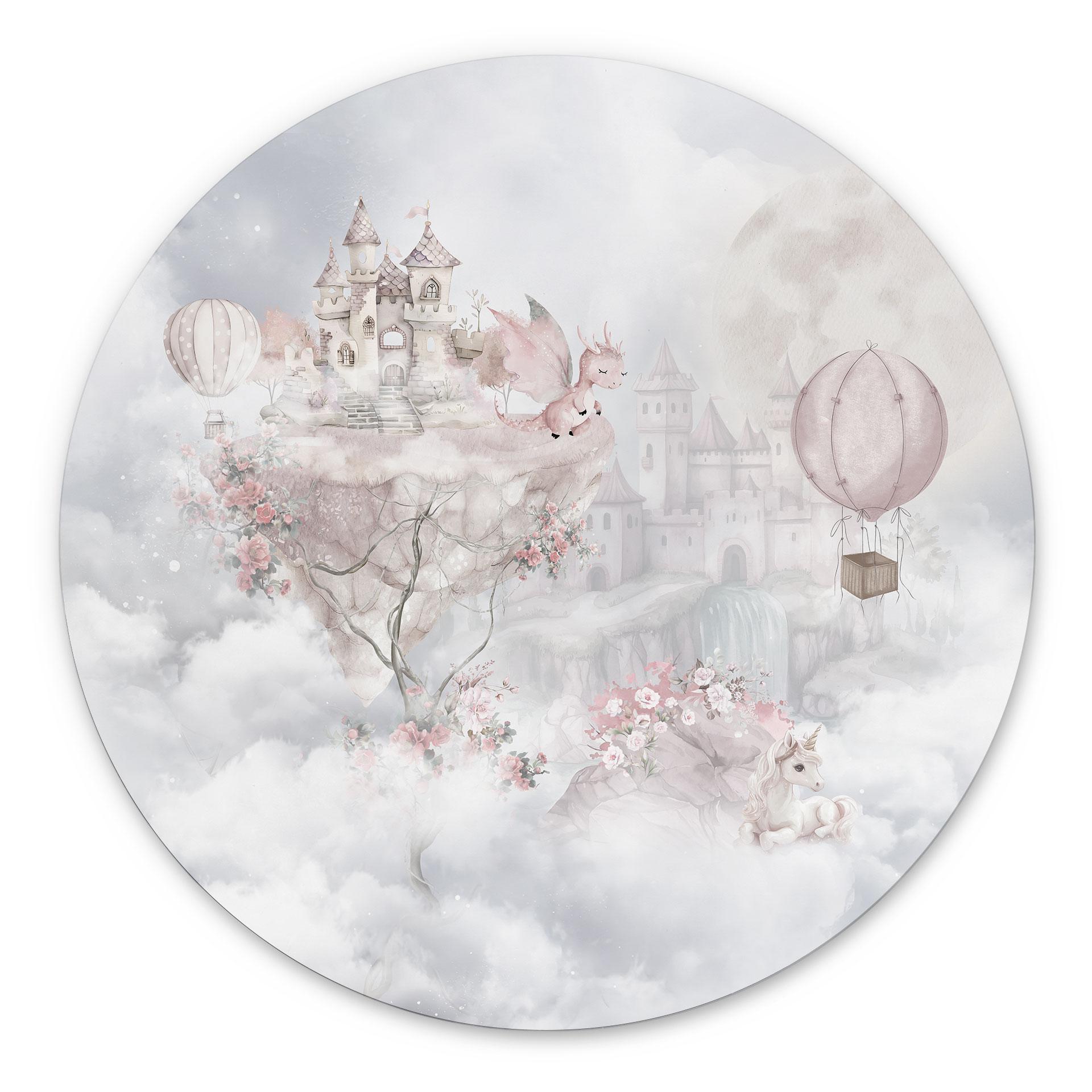 Wanddecoratie sprookjeswereld met kasteel en eenhoorn - Ms Tiff - Alu-Dibond - Rond