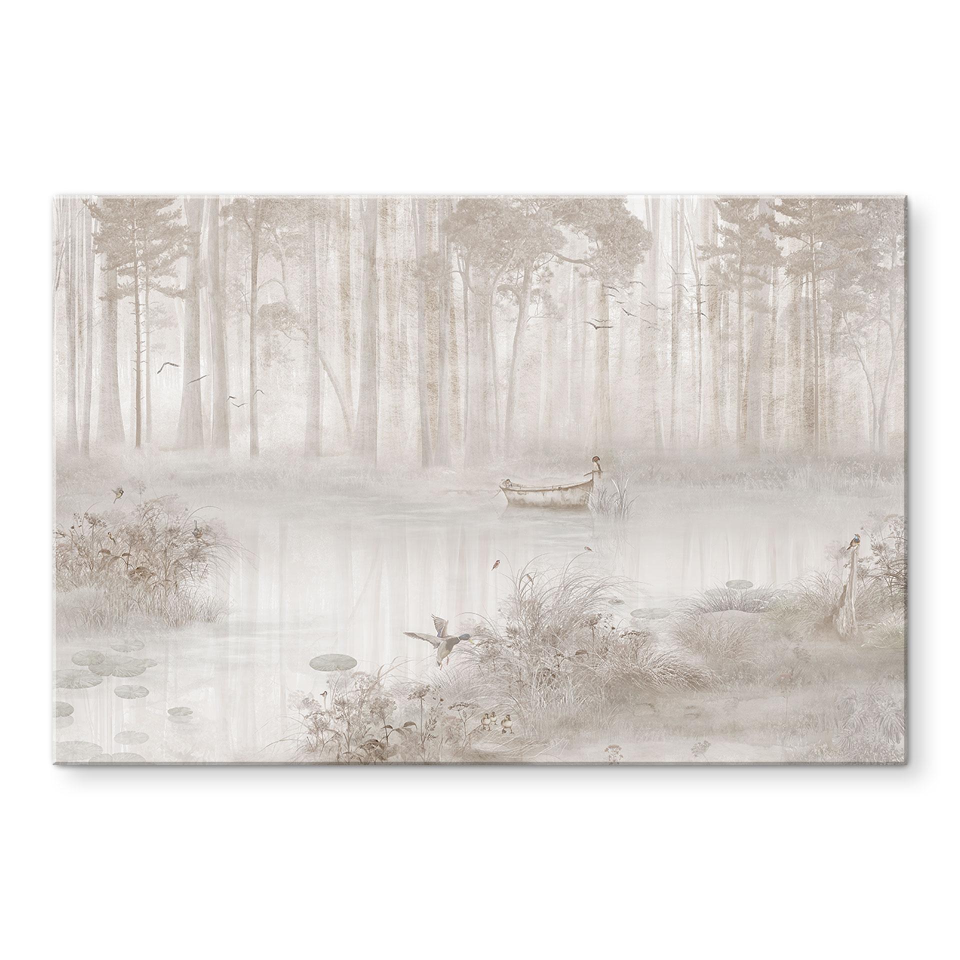 Acrylglas afbeelding Bos bij het meer in mist in beige - Ms Tiff