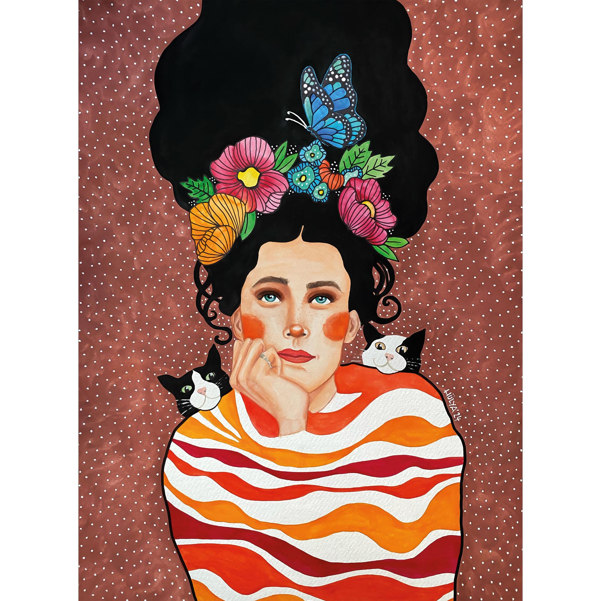 Fotobehang Vrouw met bloemenkroon en katten - Hülya