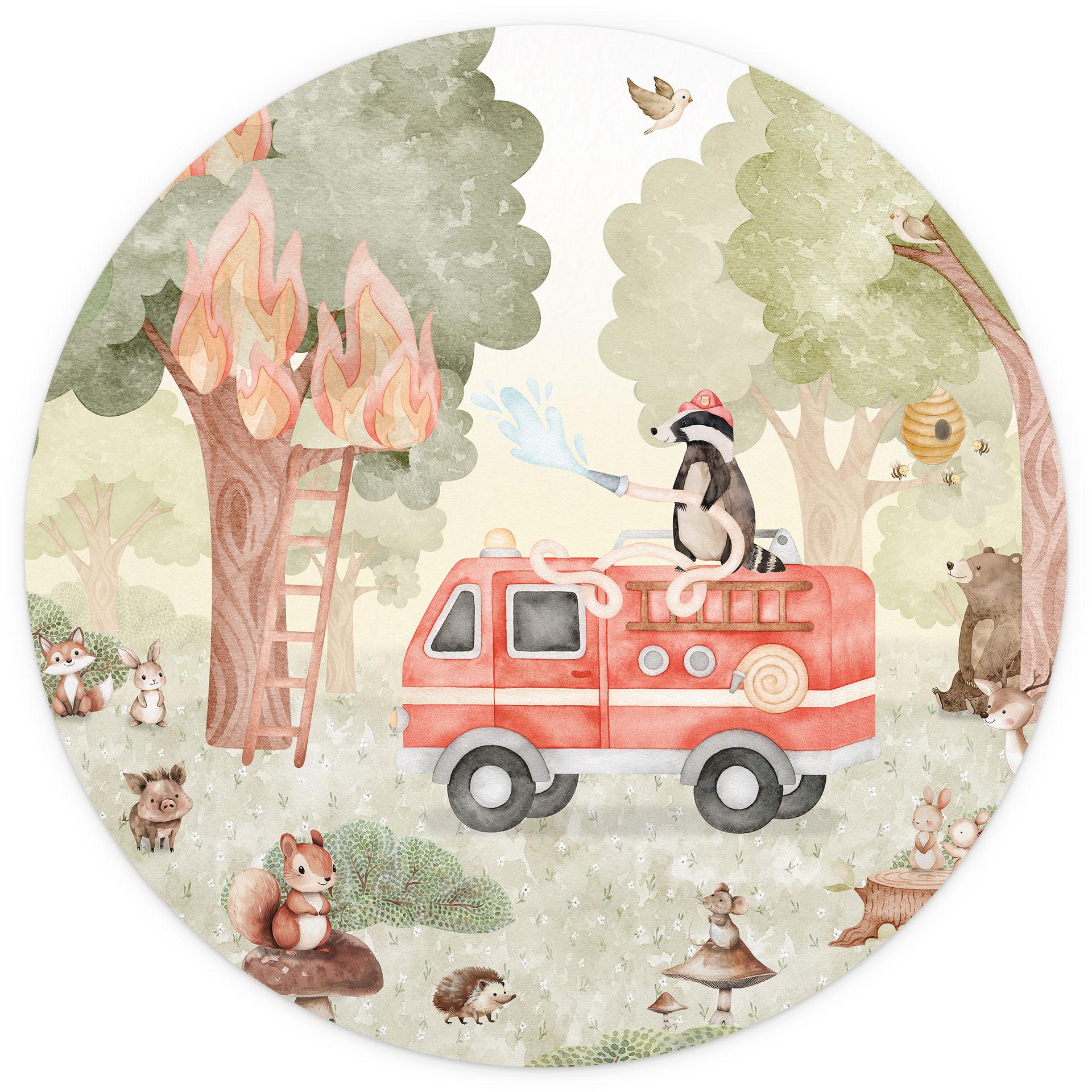 Rond Kinderfotobehang Dieren Brandweer in het Bos - Oliver Robins