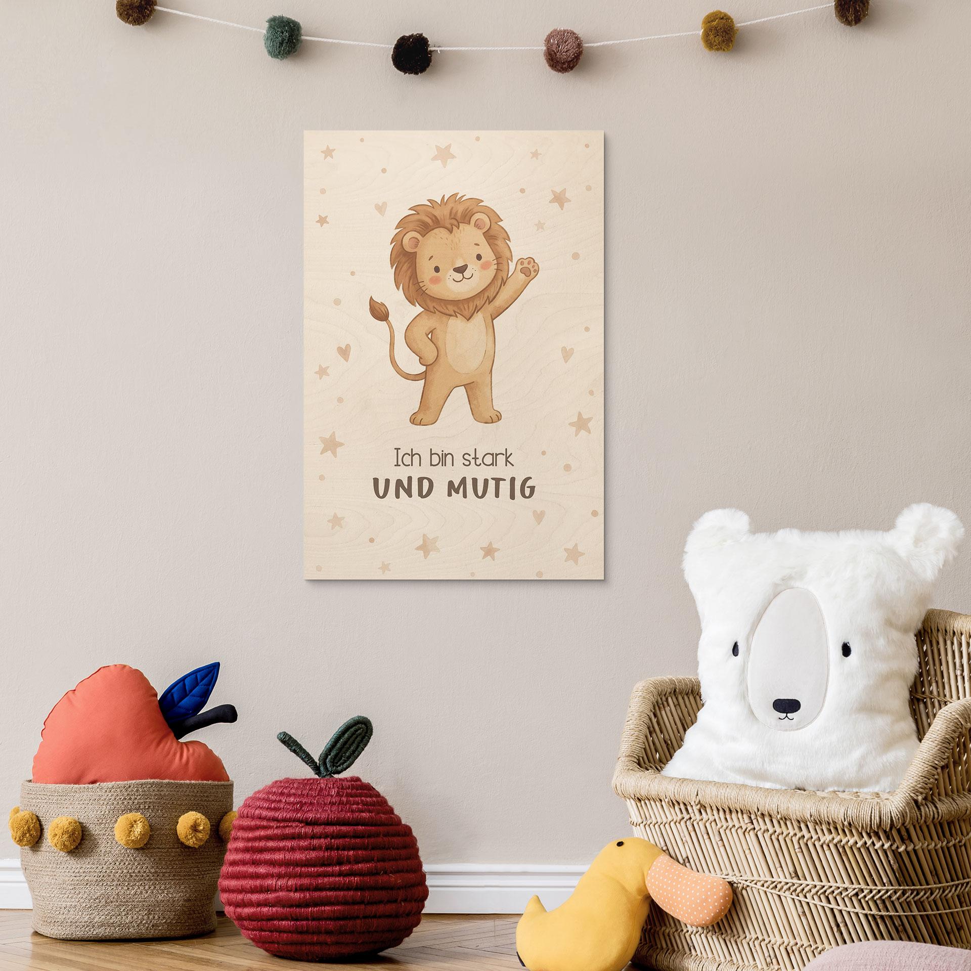 Holzbild mit Löwe - Glaubenssatz 'Ich bin stark und mutig' fürs Kinderzimmer