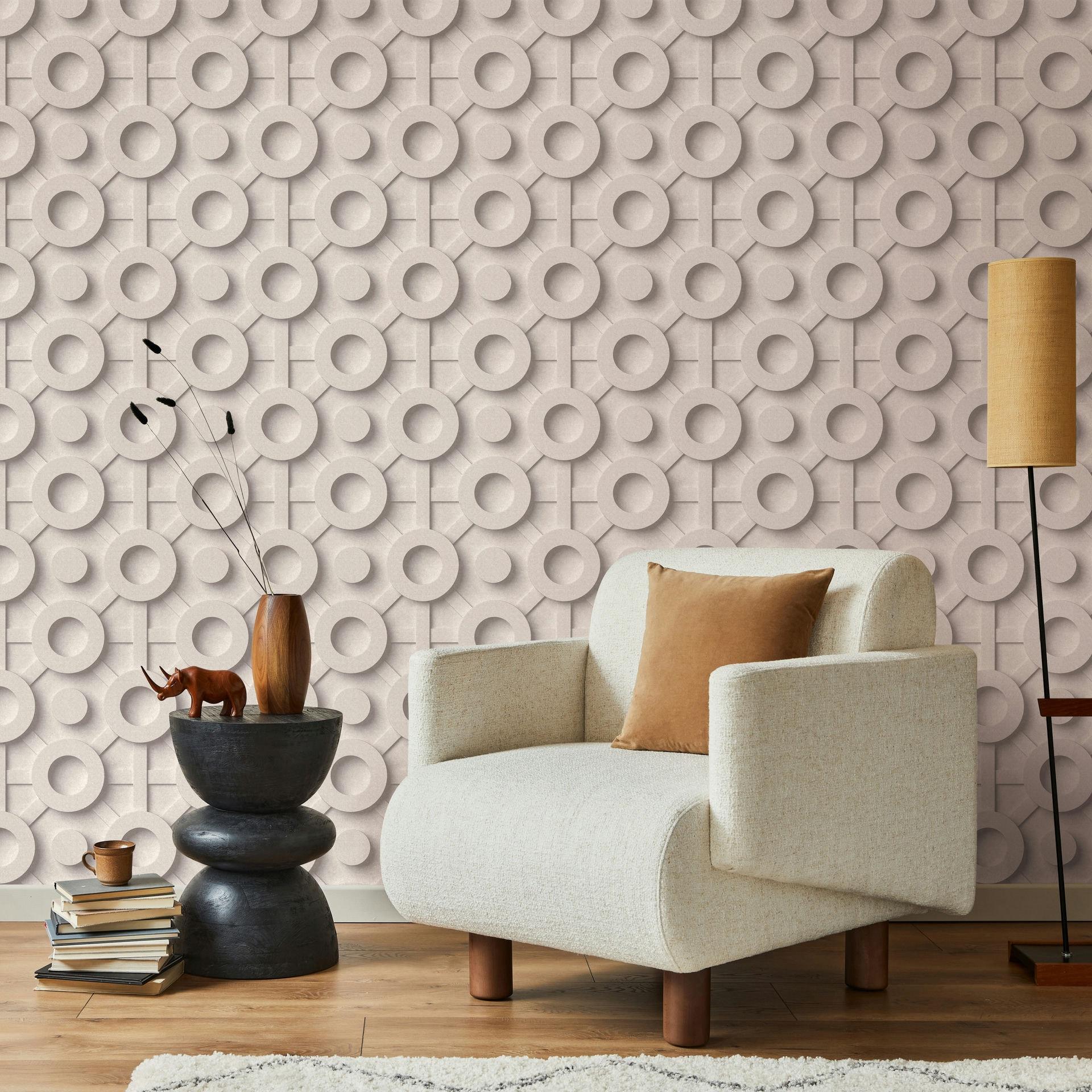 Vliesbehang grafische 3D-look modern, cirkels mat in beige