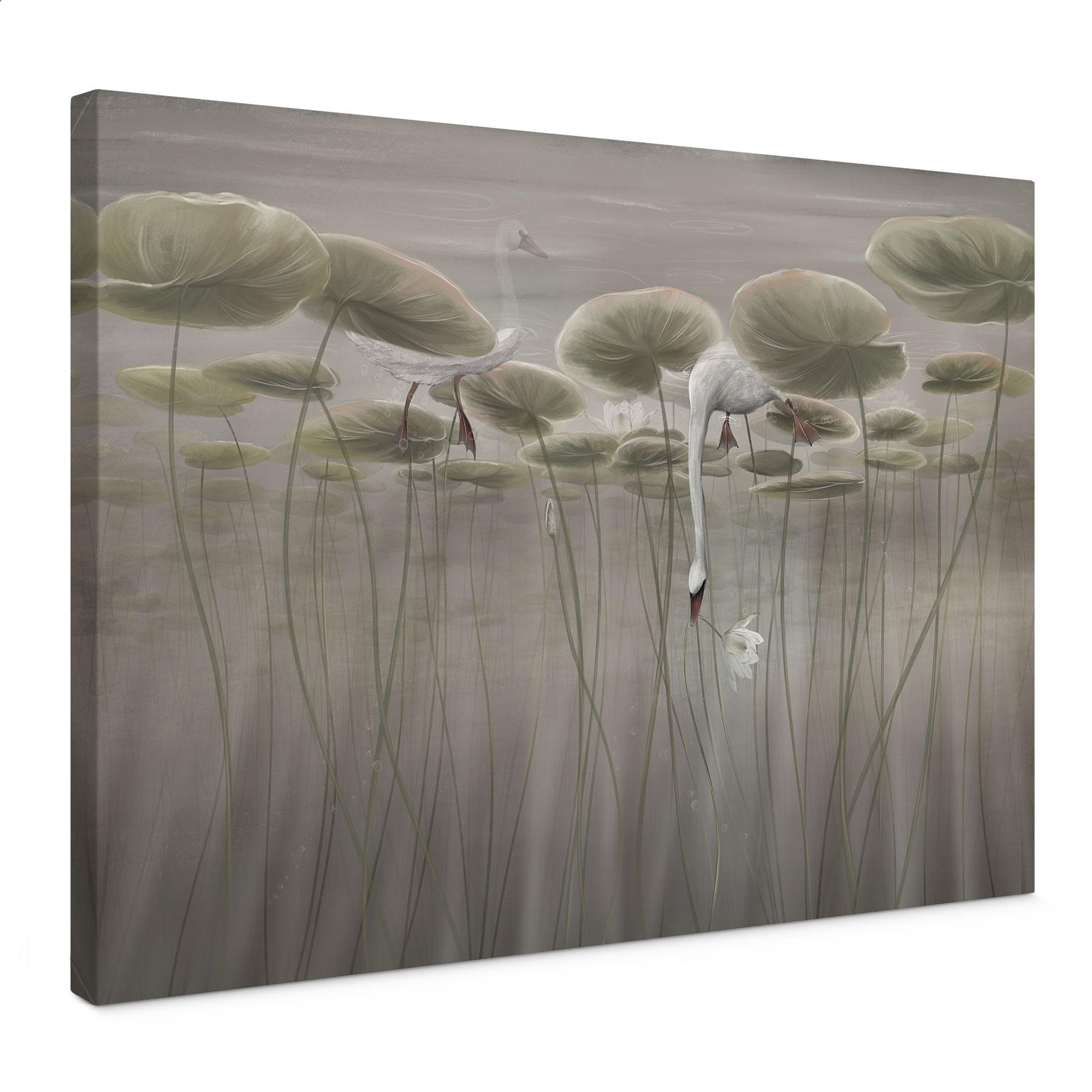 Leinwandbild Lotusblumen mit Schwan im Wasser in Grau - Ms Tiff