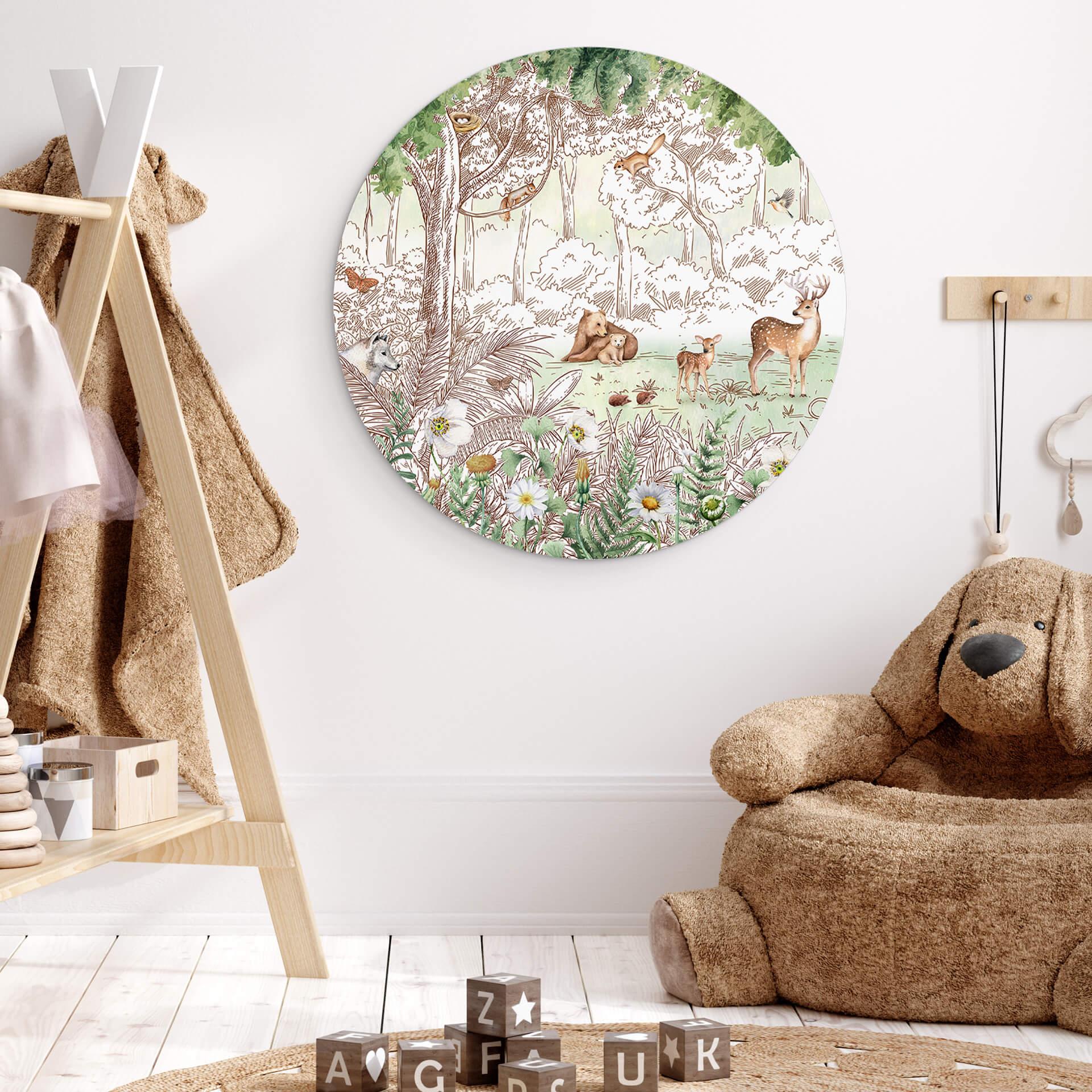 Kinderzimmer Wandbild Kikki Belle - Waldfreunde Frühling - Alu-Dibond Rund