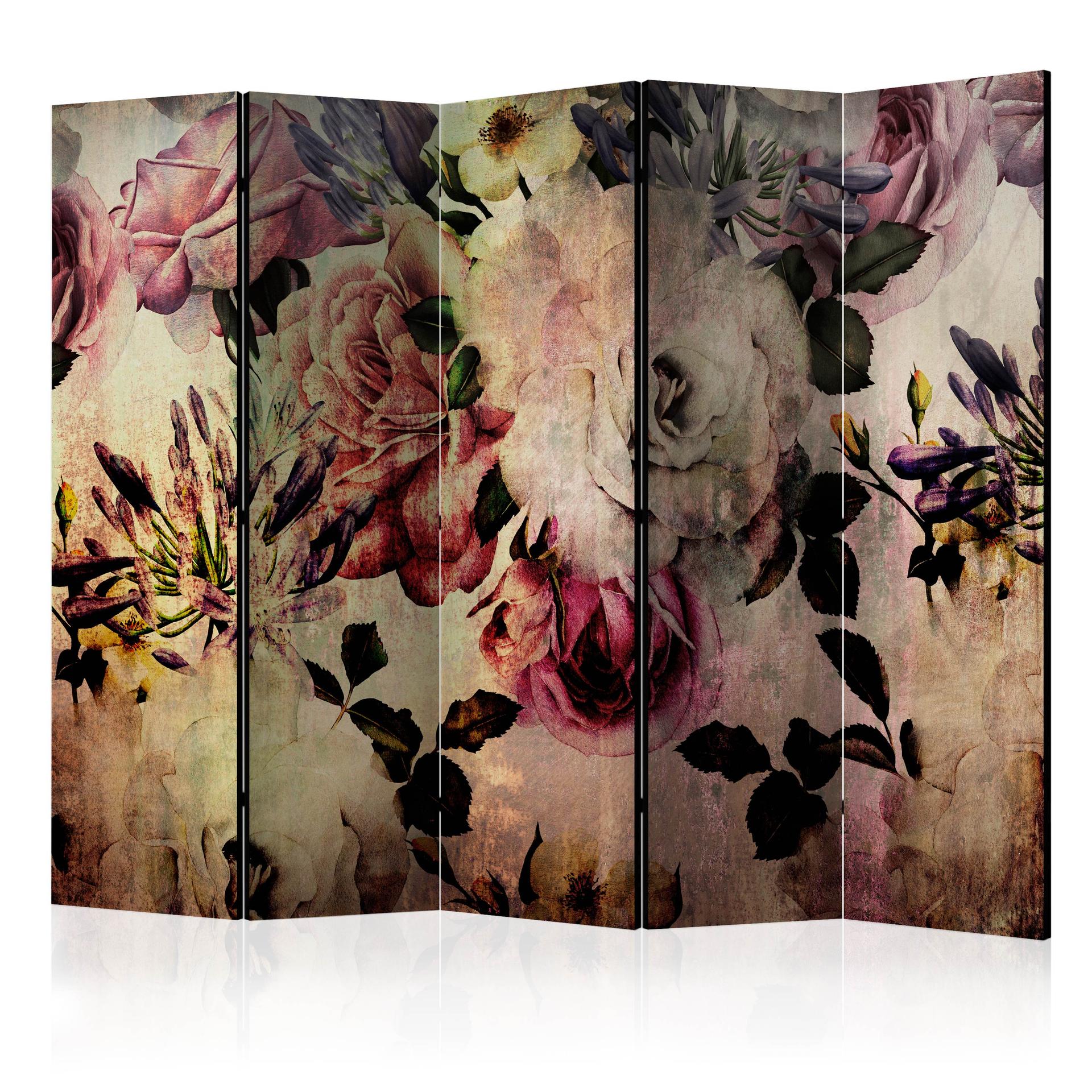 Paravent, Raumteiler freistehend, Trennwand - Nostalgia Flowers II, 5-teilig - einseitig bedruckt - 225x172 cm