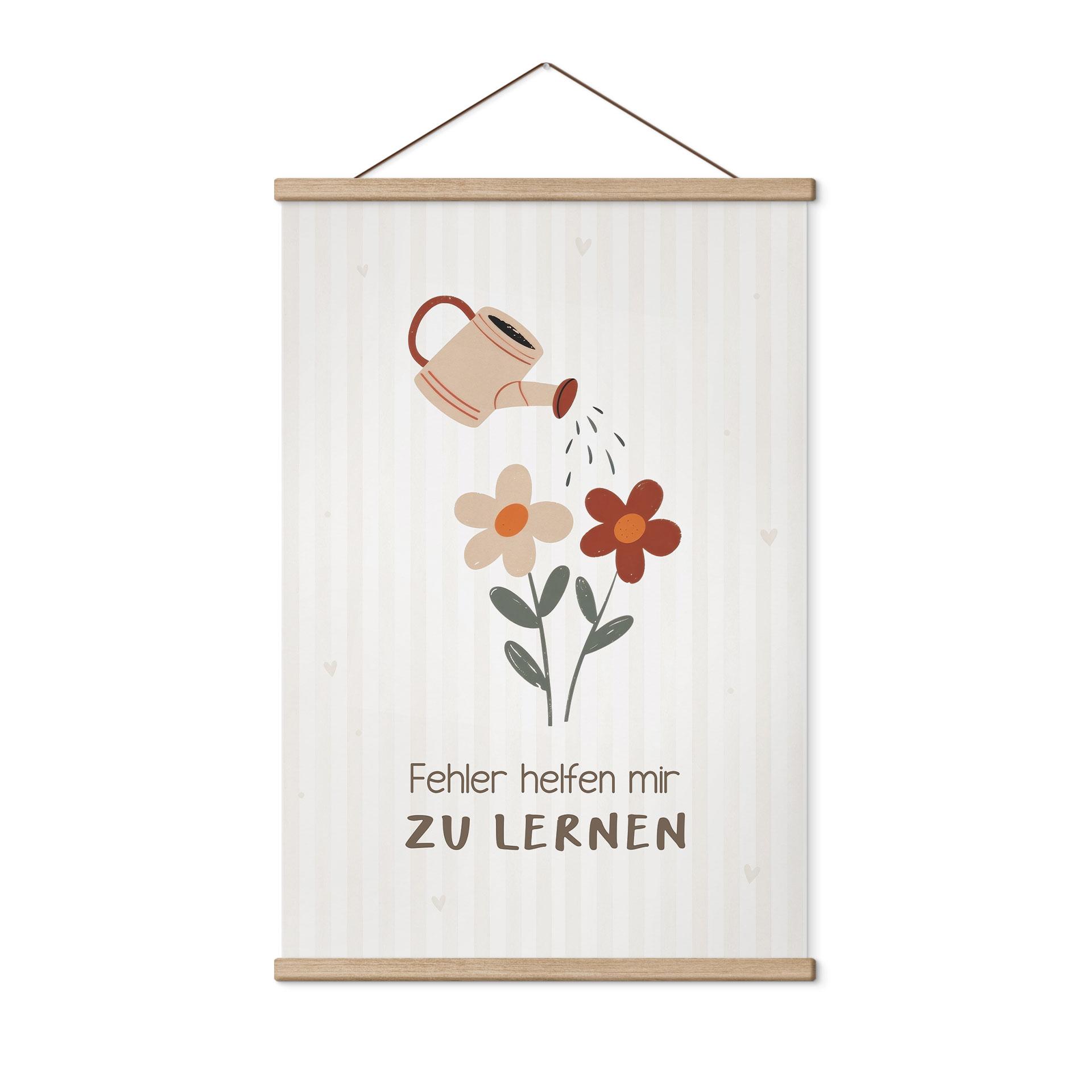 Stoffbild mit Gießkanne und Blumen - Selbstliebe-Spruch 'Fehler helfen mir zu lernen' für Kinder