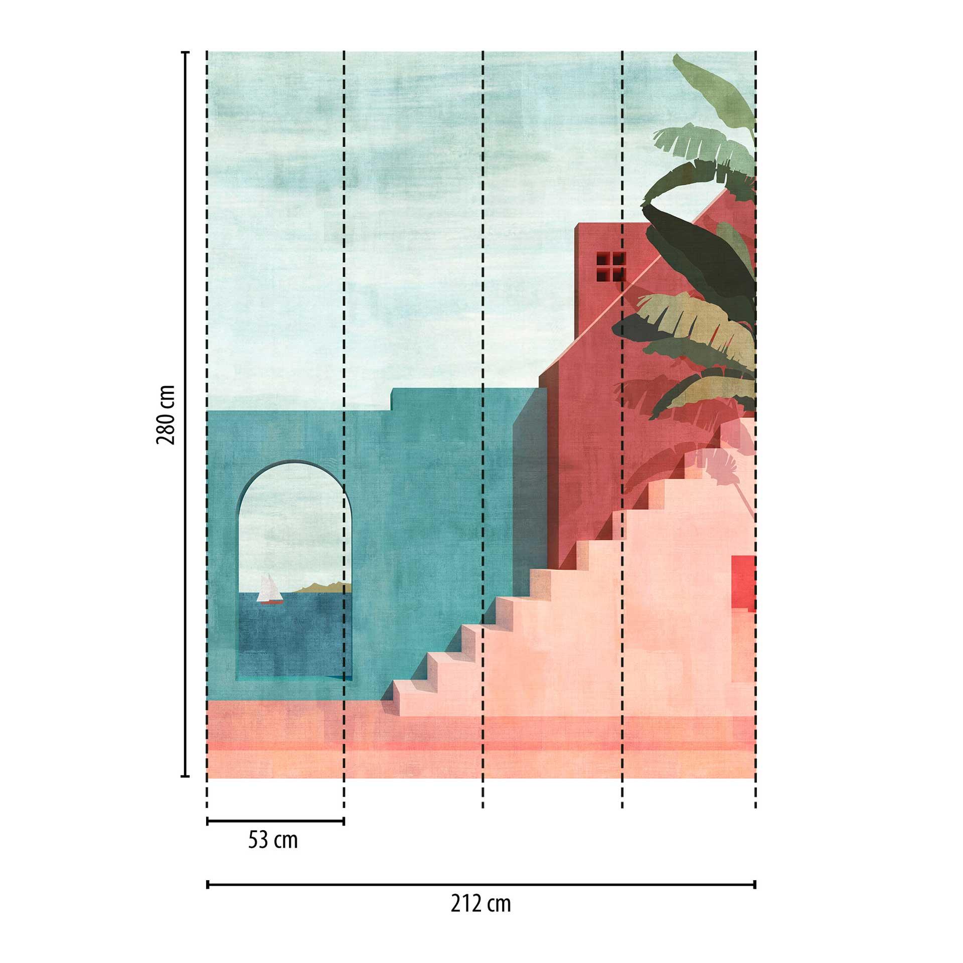 3D behang mediterraan turquoise roze - vliesbehang met architectonisch motief voor woonkamer & hal