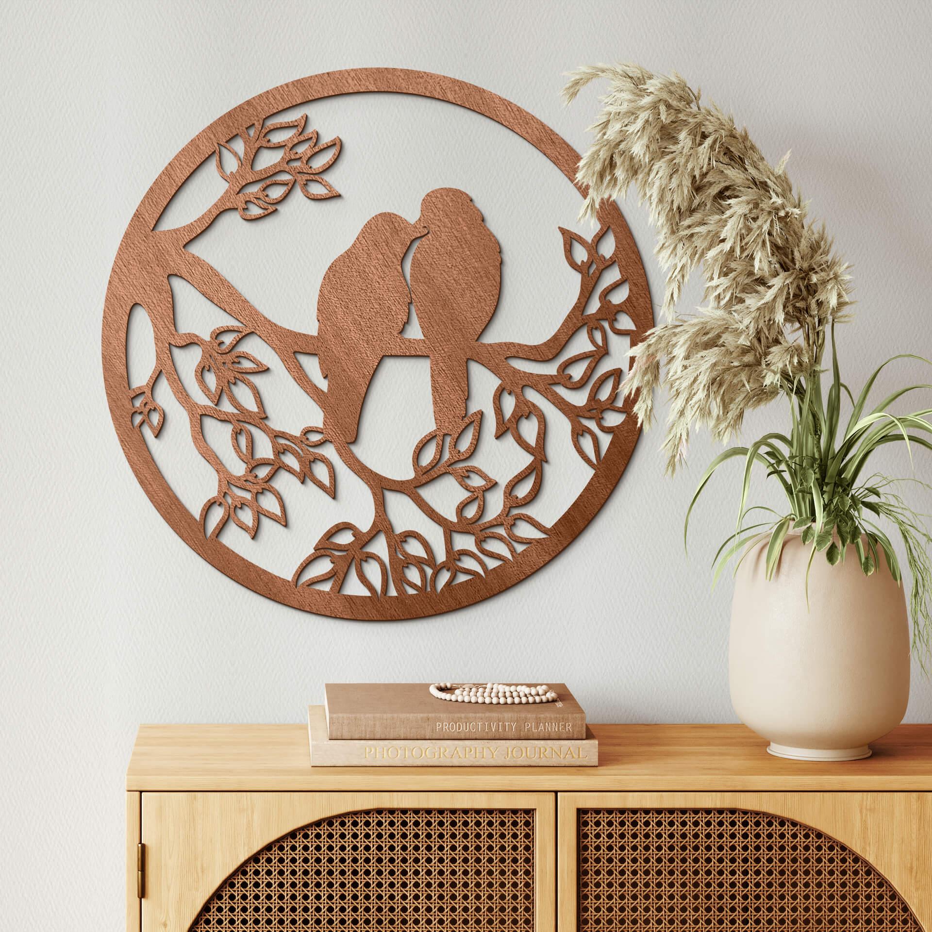 Decoración en madera caoba - Dos pájaros sentados en una rama - Redondo