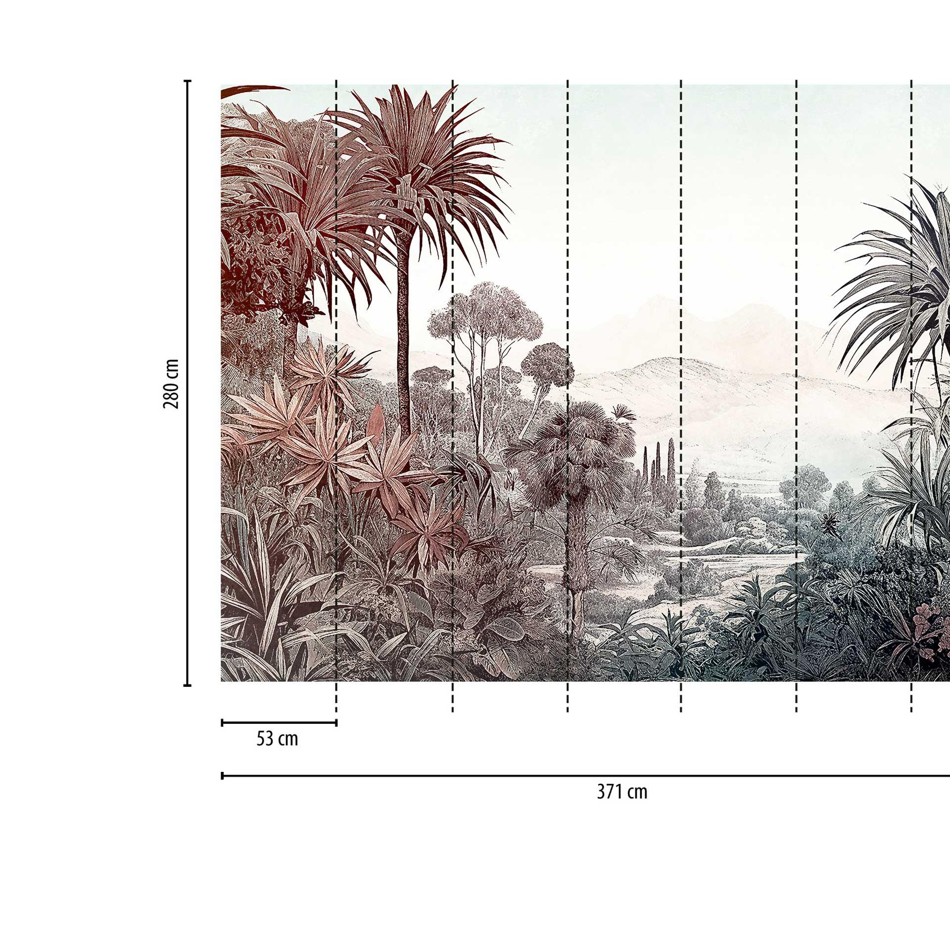 Tropisch landschap behang bruin groen - vliesbehang met plantenmotief voor de woonkamer