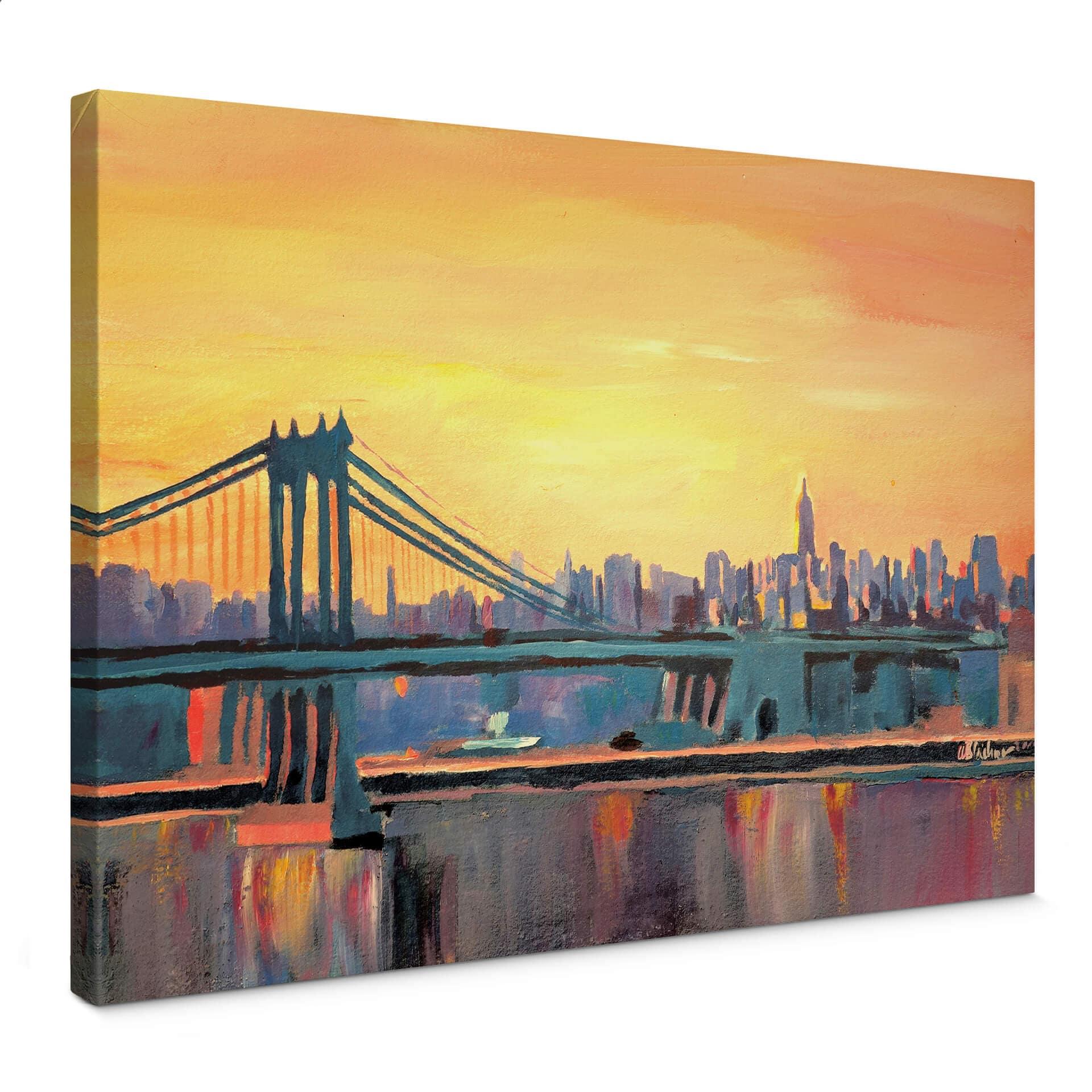 Lienzo Bleichner - Horizonte azul de Manhattan con puente y cielo vainilla